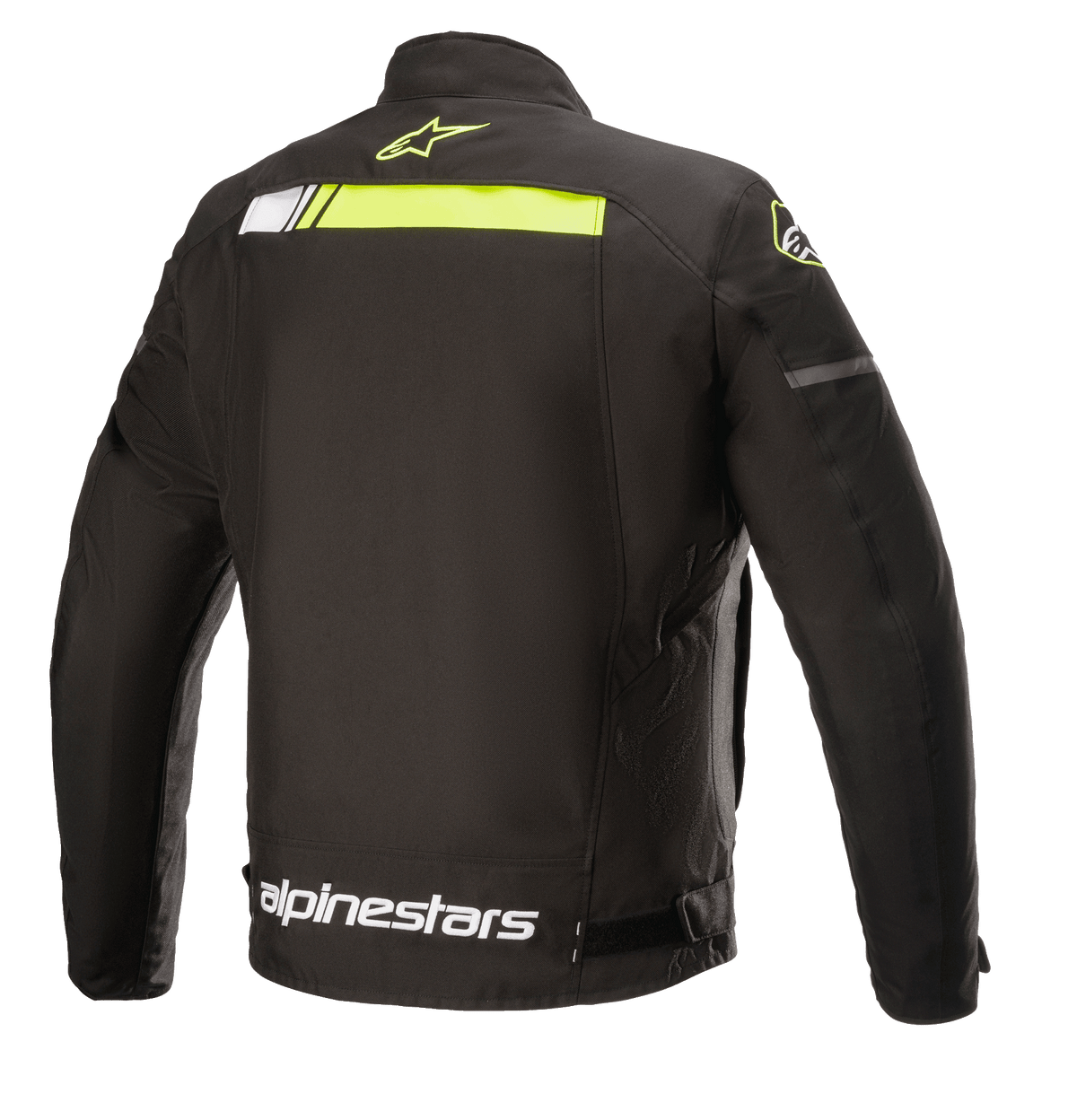 Alpinestars T-SP S Ignition Waterproof jas, textiele motorjas, zwart en fluogeel, achteraanzicht met een horizontale neongele streep over de bovenrug, wit Alpinestars-logo op de taille en een klein geel sterlogo op de kraag