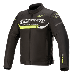 Alpinestars T-SP S Ignition Waterproof motorjas, textiele motorjas, zwart met fluogeel en witte accenten, met opvallende Alpinestars-branding en 'Racing Ahead'-tekst op de borst, een neongele horizontale streep en een strak op racen geïnspireerd design.