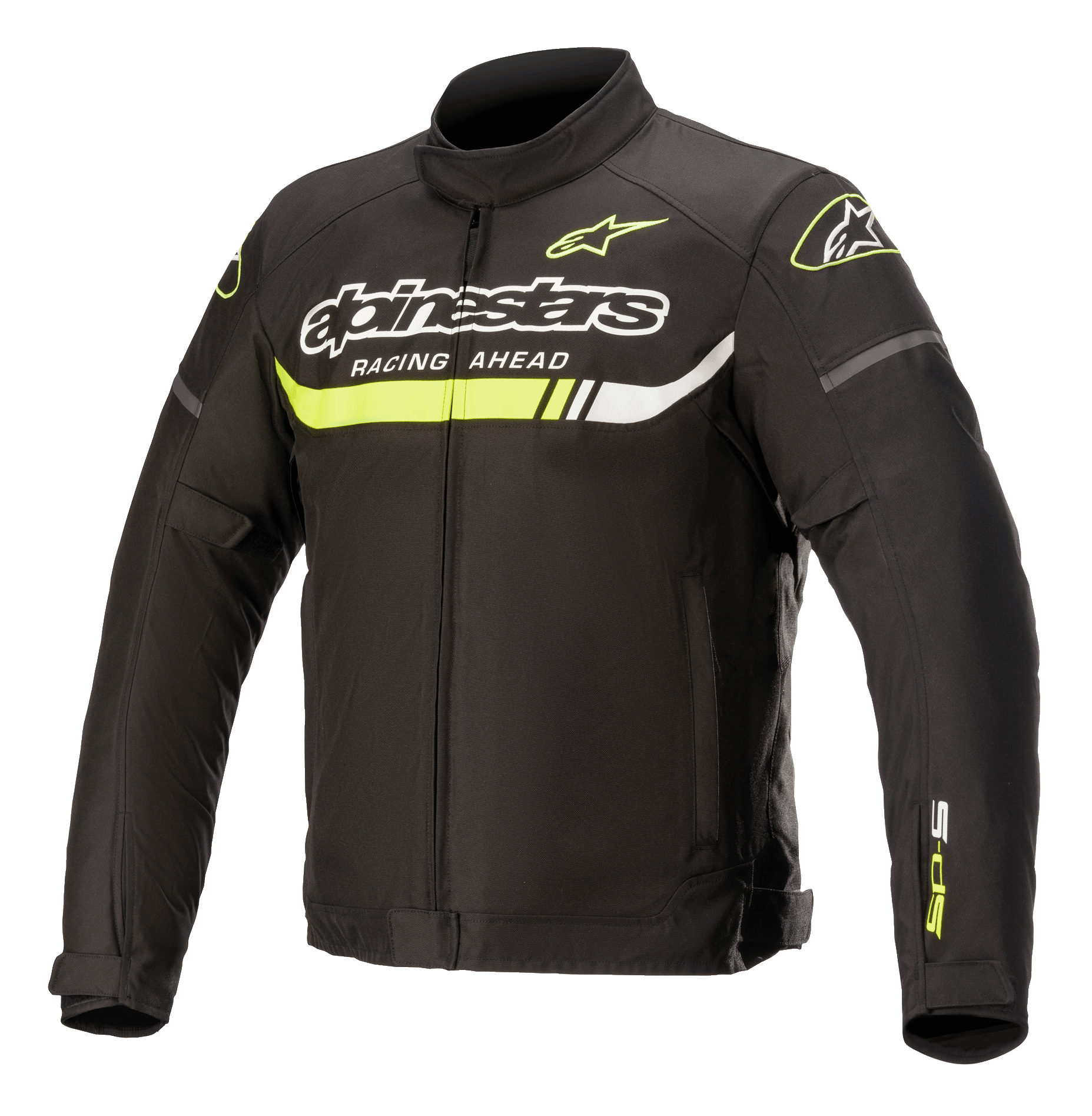 Alpinestars T-SP S Ignition Waterproof motorjas, textiele motorjas, zwart met fluogeel en witte accenten, met opvallende Alpinestars-branding en 'Racing Ahead'-tekst op de borst, een neongele horizontale streep en een strak op racen geïnspireerd design.