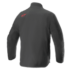 Alpinestars AMT Storm Gear Drystar® XF Jas, waterdichte motorjas, zwart, achteraanzicht met een rood Alpinestars-logo op de bovenste schouder, duurzame textiele ripstop-constructie met een verlengde rug voor extra dekking