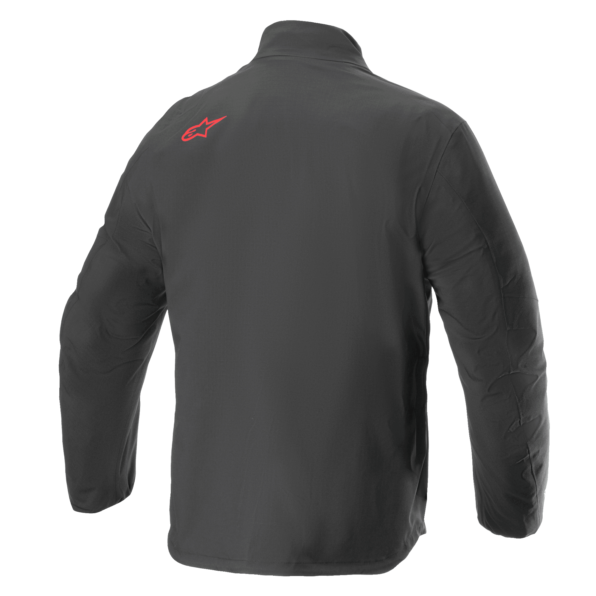 Alpinestars AMT Storm Gear Drystar® XF Jas, waterdichte motorjas, zwart, achteraanzicht met een rood Alpinestars-logo op de bovenste schouder, duurzame textiele ripstop-constructie met een verlengde rug voor extra dekking