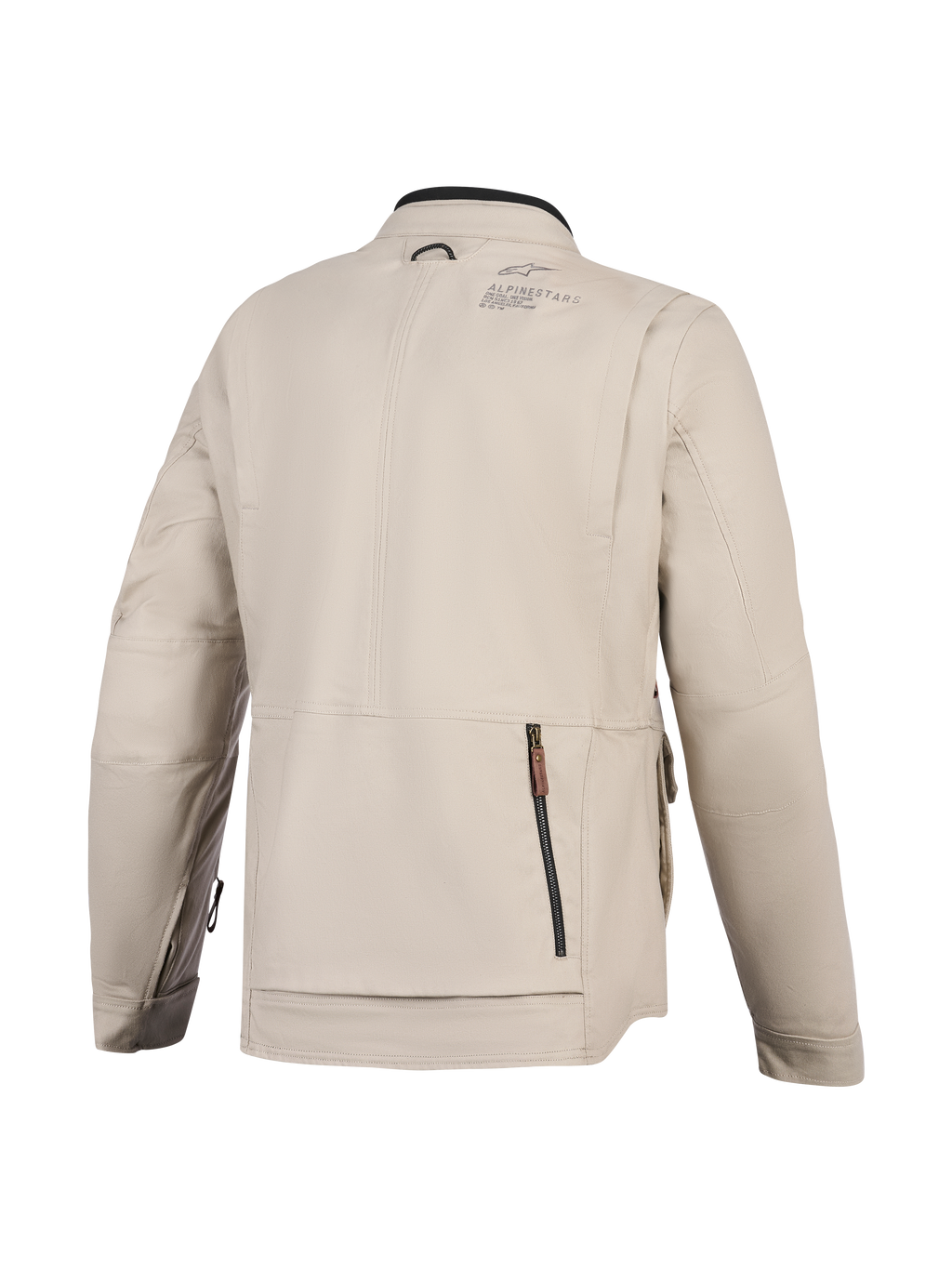 Alpinestars Borrego Drystar® Jas, motorjas, Warm Gray, achteraanzicht met een groot ritsvak aan de achterzijde, duurzame textiele canvas constructie met Alpinestars-logo op de schouder, avontuurlijk ontwerp