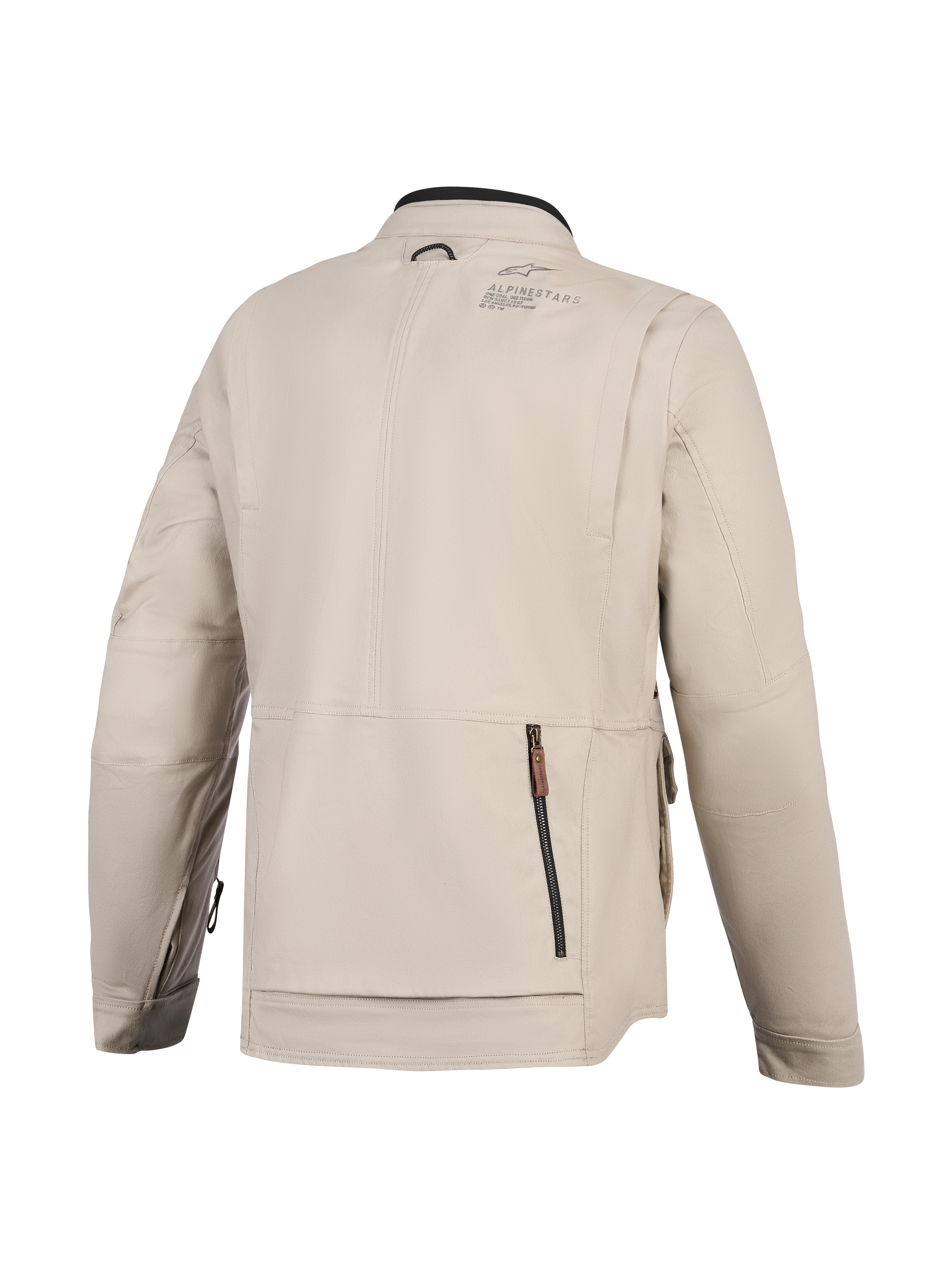 Alpinestars Borrego Drystar® Jas, motorjas, Warm Gray, achteraanzicht met een groot ritsvak aan de achterzijde, duurzame textiele canvas constructie met Alpinestars-logo op de schouder, avontuurlijk ontwerp