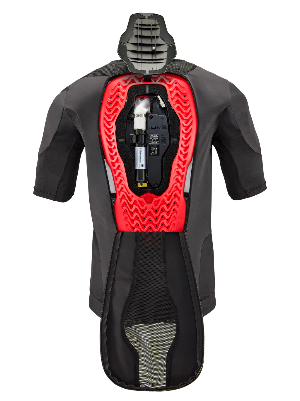 Alpinestars Tech-Air® 5 Plasma Airbag Vervangingscanister, getoond in een Tech-Air® 5 Plasma vest, zwart kledingstuk met een felrood honingraatvormig intern frame, voorzien van de argon gascilinder en elektronische unit, technische motorveiligheidsuitrusting.