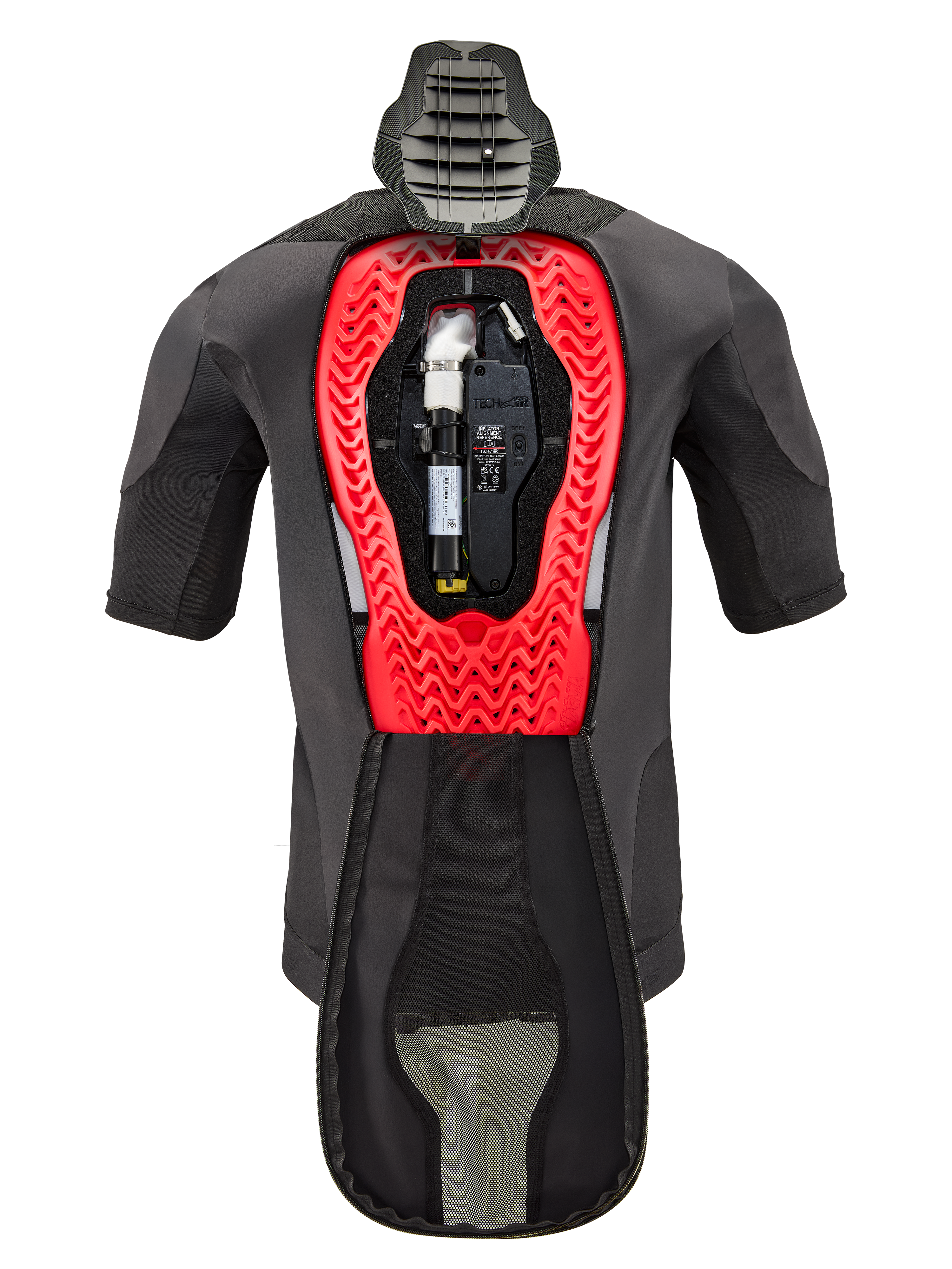 Alpinestars Tech-Air® 5 Plasma Airbag Vervangingscanister, getoond in een Tech-Air® 5 Plasma vest, zwart kledingstuk met een felrood honingraatvormig intern frame, voorzien van de argon gascilinder en elektronische unit, technische motorveiligheidsuitrusting.