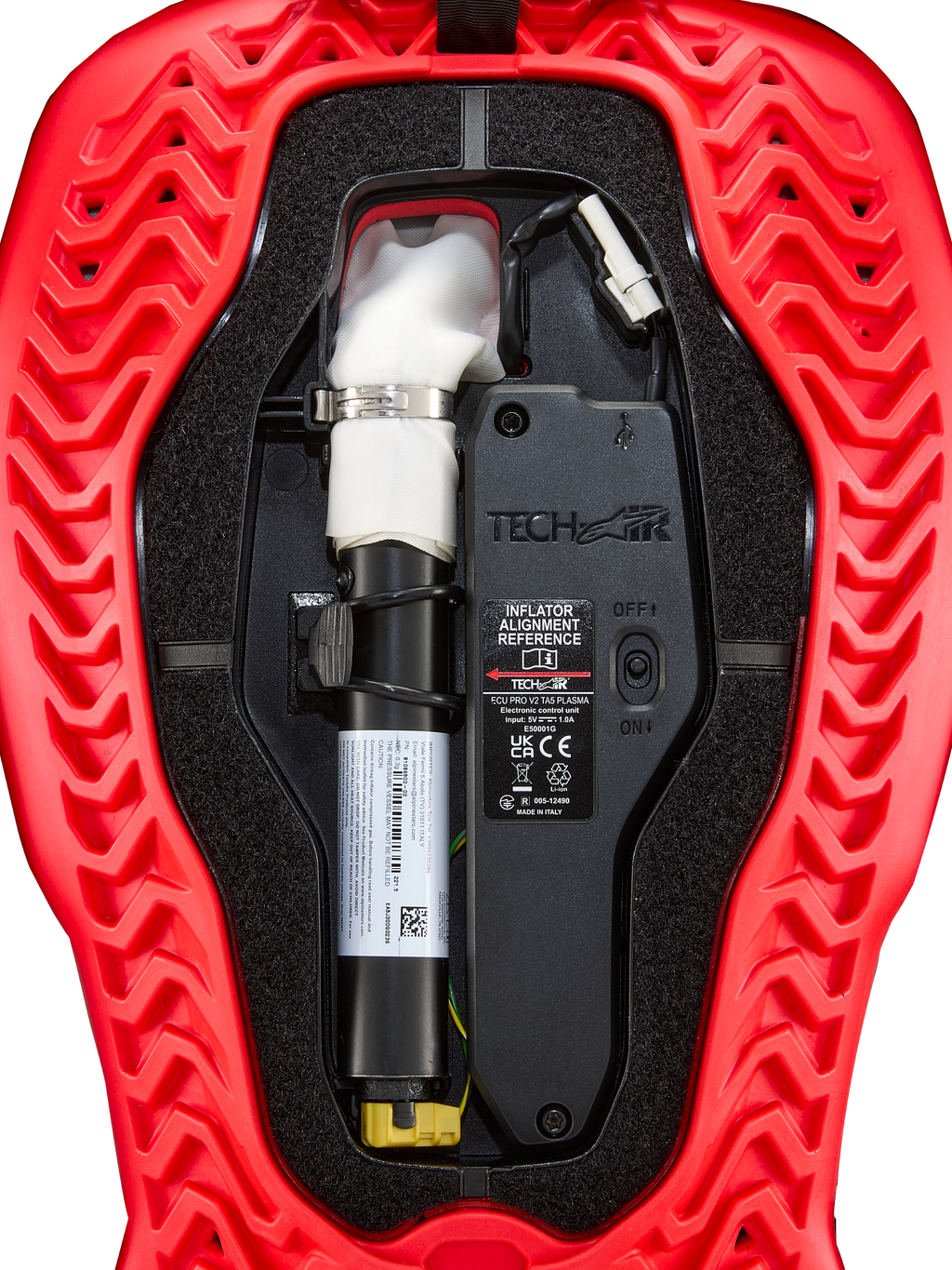 Alpinestars Tech-Air® 5 Plasma reservepatroon voor airbag, zwart en rood motorfietsonderdeel met witte inflator en ECU.