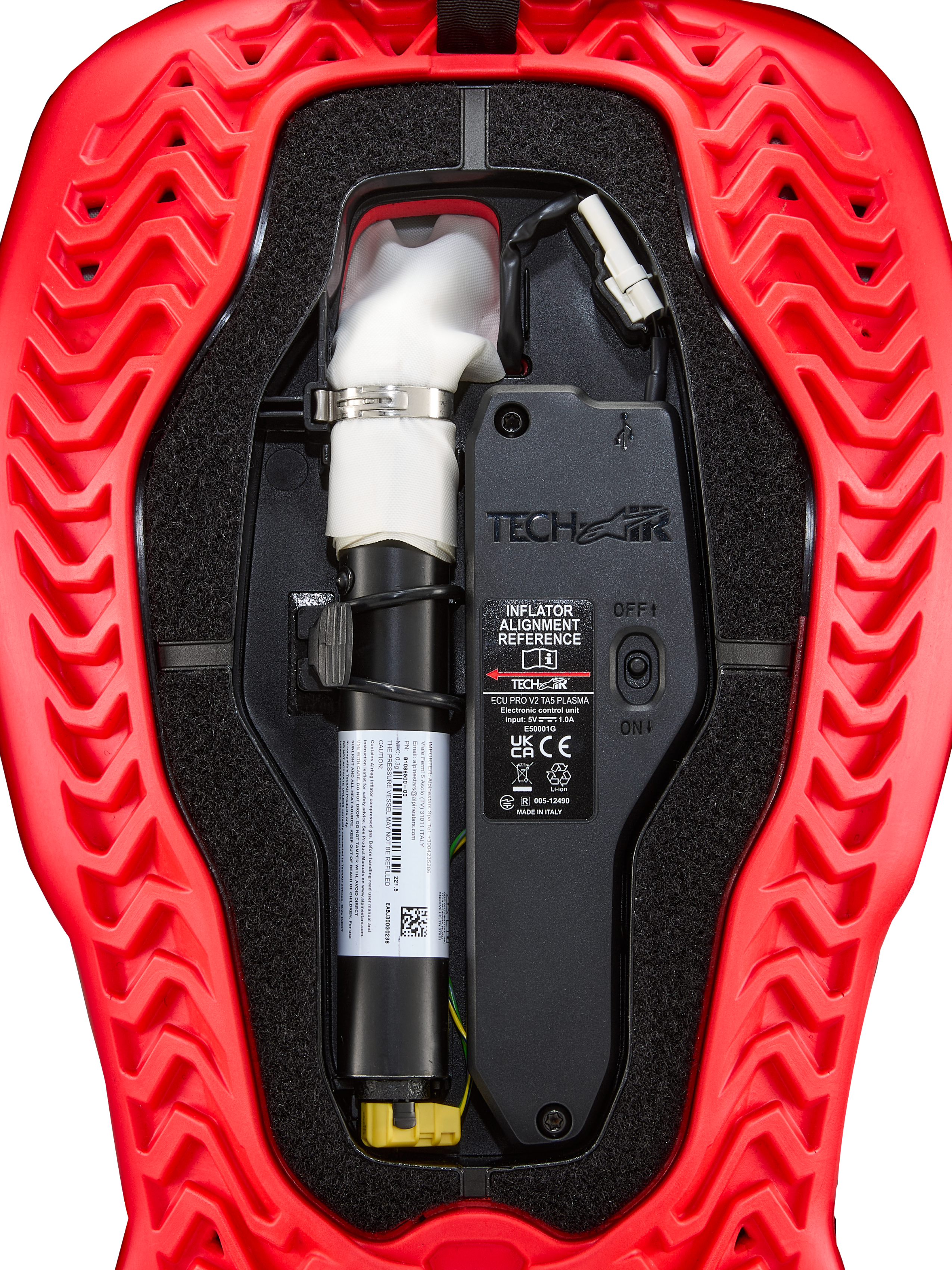 Alpinestars Tech-Air® 5 Plasma reservepatroon voor airbag, zwart en rood motorfietsonderdeel met witte inflator en ECU.