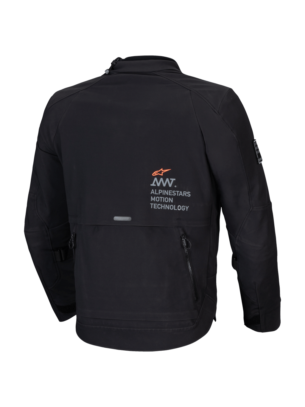 Alpinestars AMT-8 Stretch Drystar XF heren motorjas, zwart, achteraanzicht met AMT branding en cargozak