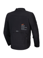 Alpinestars AMT-8 Stretch Drystar XF heren motorjas, zwart, achteraanzicht met AMT branding en cargozak