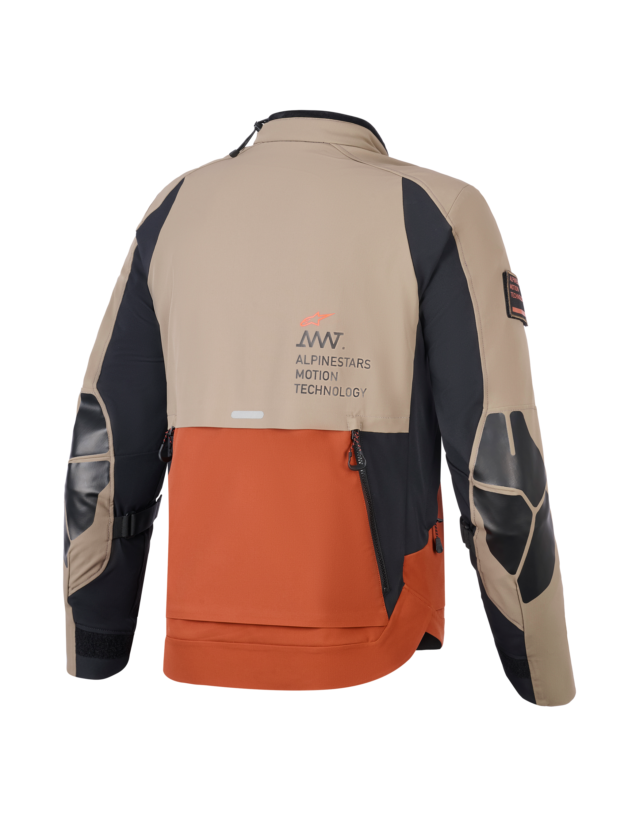 Alpinestars AMT-8 Stretch Drystar® XF Jacket, Walnut Rust Black, rear view showing tan and rust panels with black sleeves, Alpinestars Motion Technology branding on the back, reinforced elbow patches, and shingle-style back ventilation for adventure motorcycle riding.