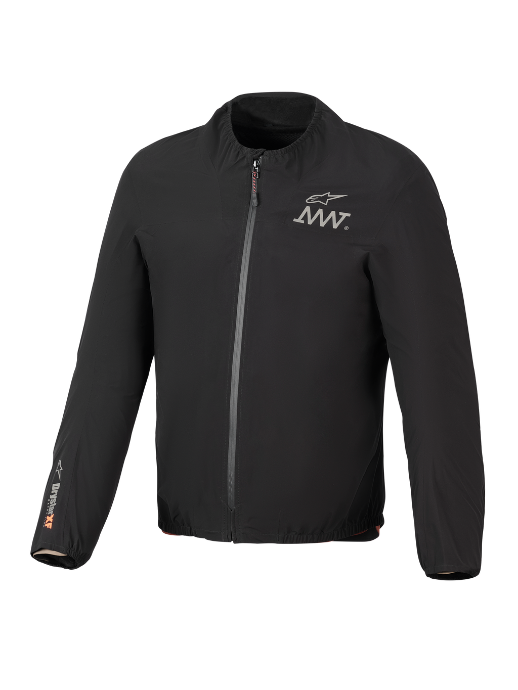 Alpinestars AMT-8 Stretch Drystar® XF Jacket Liner, zwarte lichtgewicht waterdichte stretch jas, ritssluiting voorzijde, AMT-logo op de borst, Drystar® XF-branding op de rechtermouw, elastische kraag en manchetten
