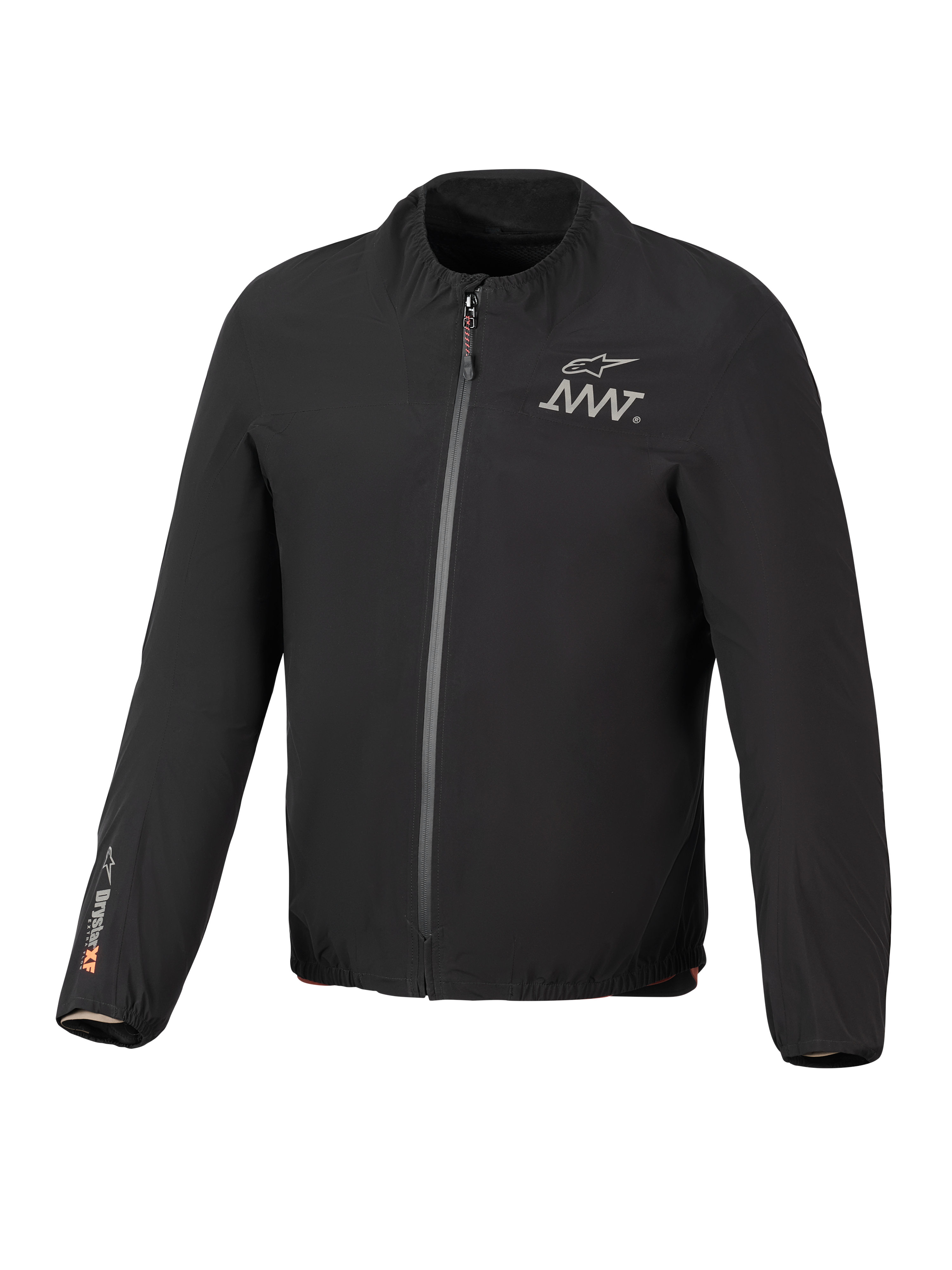 Alpinestars AMT-8 Stretch Drystar® XF Jacket Liner, zwarte lichtgewicht waterdichte stretch jas, ritssluiting voorzijde, AMT-logo op de borst, Drystar® XF-branding op de rechtermouw, elastische kraag en manchetten