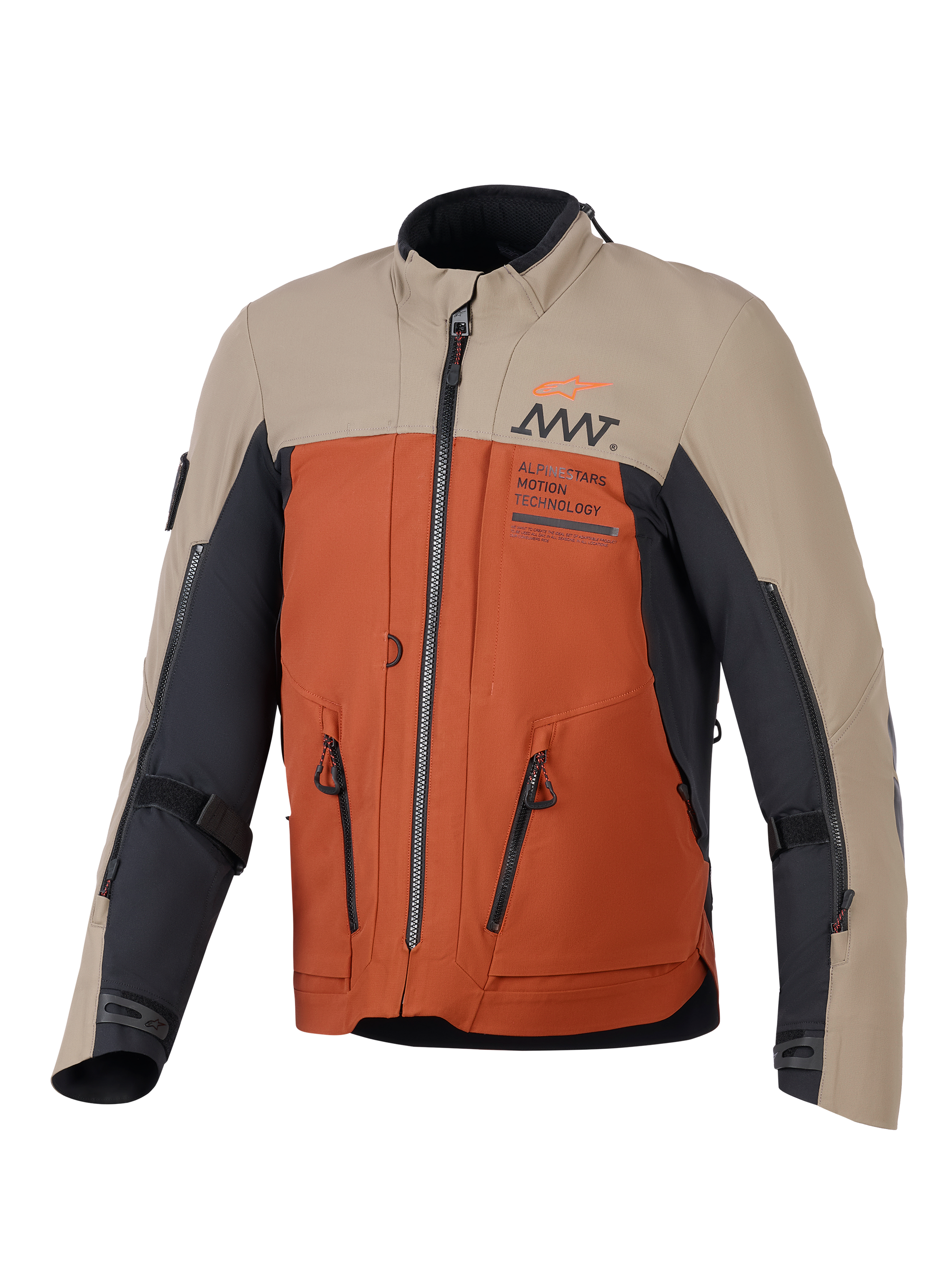 Alpinestars AMT-8 Stretch Drystar® XF Jacket, Adventure Motorcycle Jacket, Walnut Rust Black colorway, featuring tan upper panels, rust orange torso, and black accents, with prominent ventilation zippers and AMT branding on the chest