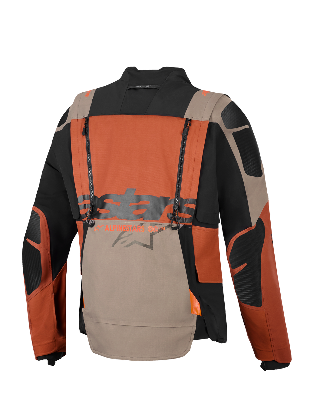Alpinestars Halo Pro Drystar® XF Gelamineerd Jack, adventure motorjas, Walnut Rust Black, achteraanzicht met verticale ventilatieritsen, grote Alpinestars-branding in het midden en duurzame ripstop textielconstructie
