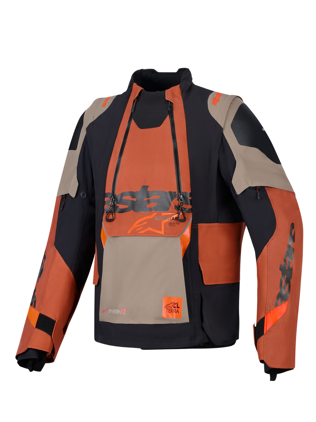 Alpinestars Halo Pro Drystar® XF gelamineerde jas, adventure motorjas, Walnut Rust Black, vooraanzicht met modulair borstpaneel met dubbele waterdichte ritsen, robuuste textielconstructie met tan en oranje panelen.