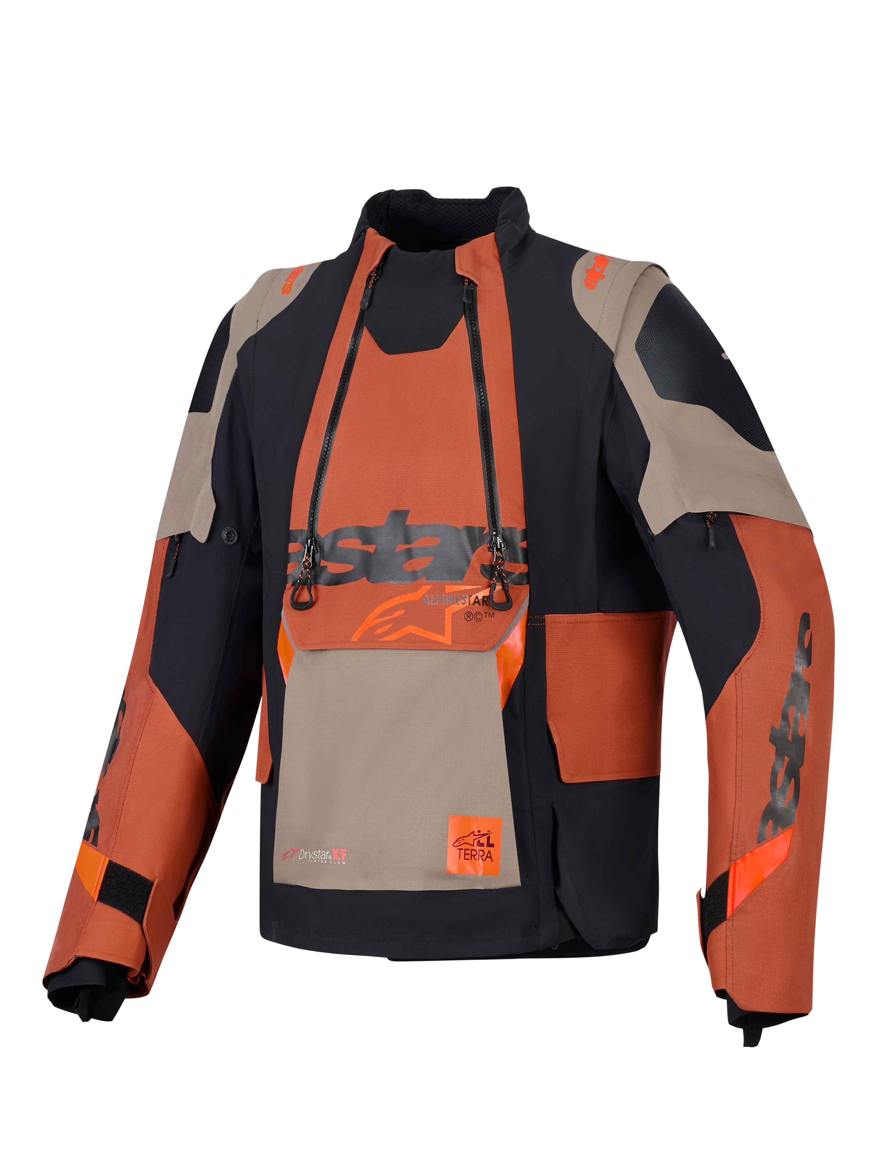 Alpinestars Halo Pro Drystar® XF gelamineerde jas, adventure motorjas, Walnut Rust Black, vooraanzicht met modulair borstpaneel met dubbele waterdichte ritsen, robuuste textielconstructie met tan en oranje panelen.