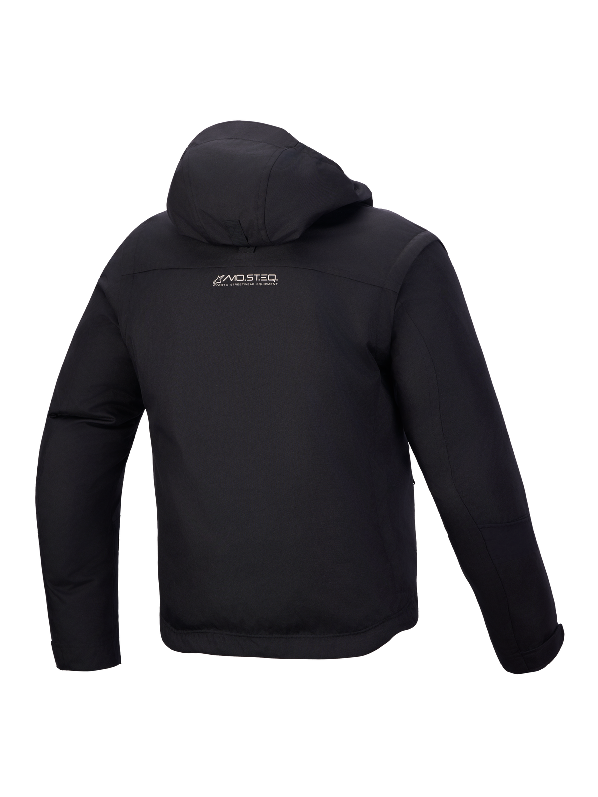 Alpinestars Morfex Parka heren-motorjas, waterdichte urban motorjas, achteraanzicht in zwart met geïntegreerde capuchon