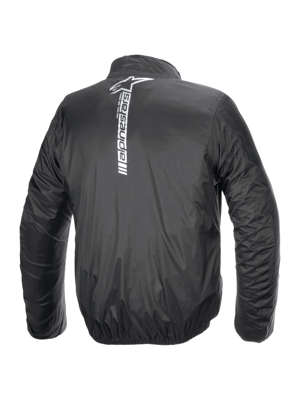 Alpinestars Hurricane Rain V2 Jas, waterdichte motorregenjas, zwart, achteraanzicht met een groot verticaal wit Alpinestars-logo en woordmerk midden op de rug, lichtgewicht gelamineerde stof met elastische manchetten en taille