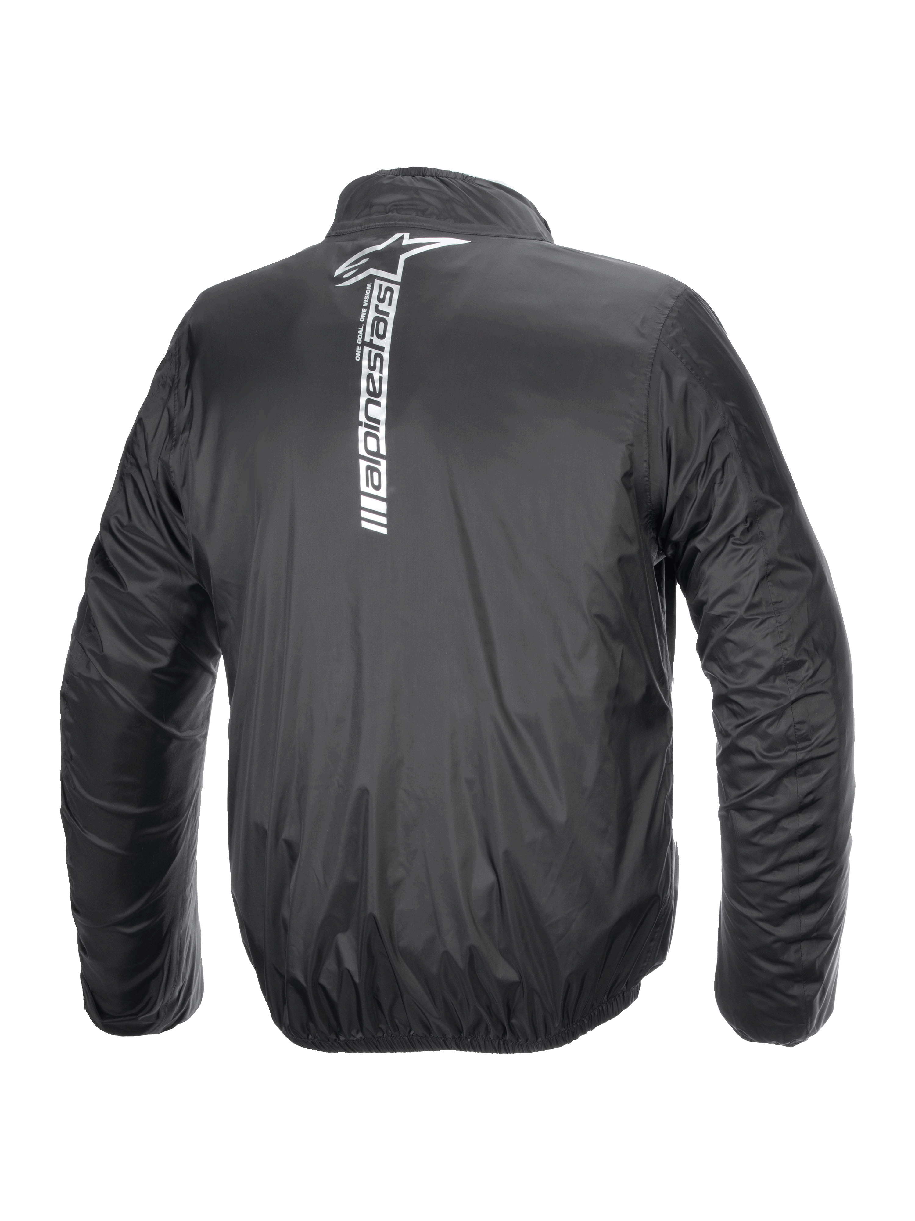 Alpinestars Hurricane Rain V2 Jas, waterdichte motorregenjas, zwart, achteraanzicht met een groot verticaal wit Alpinestars-logo en woordmerk midden op de rug, lichtgewicht gelamineerde stof met elastische manchetten en taille