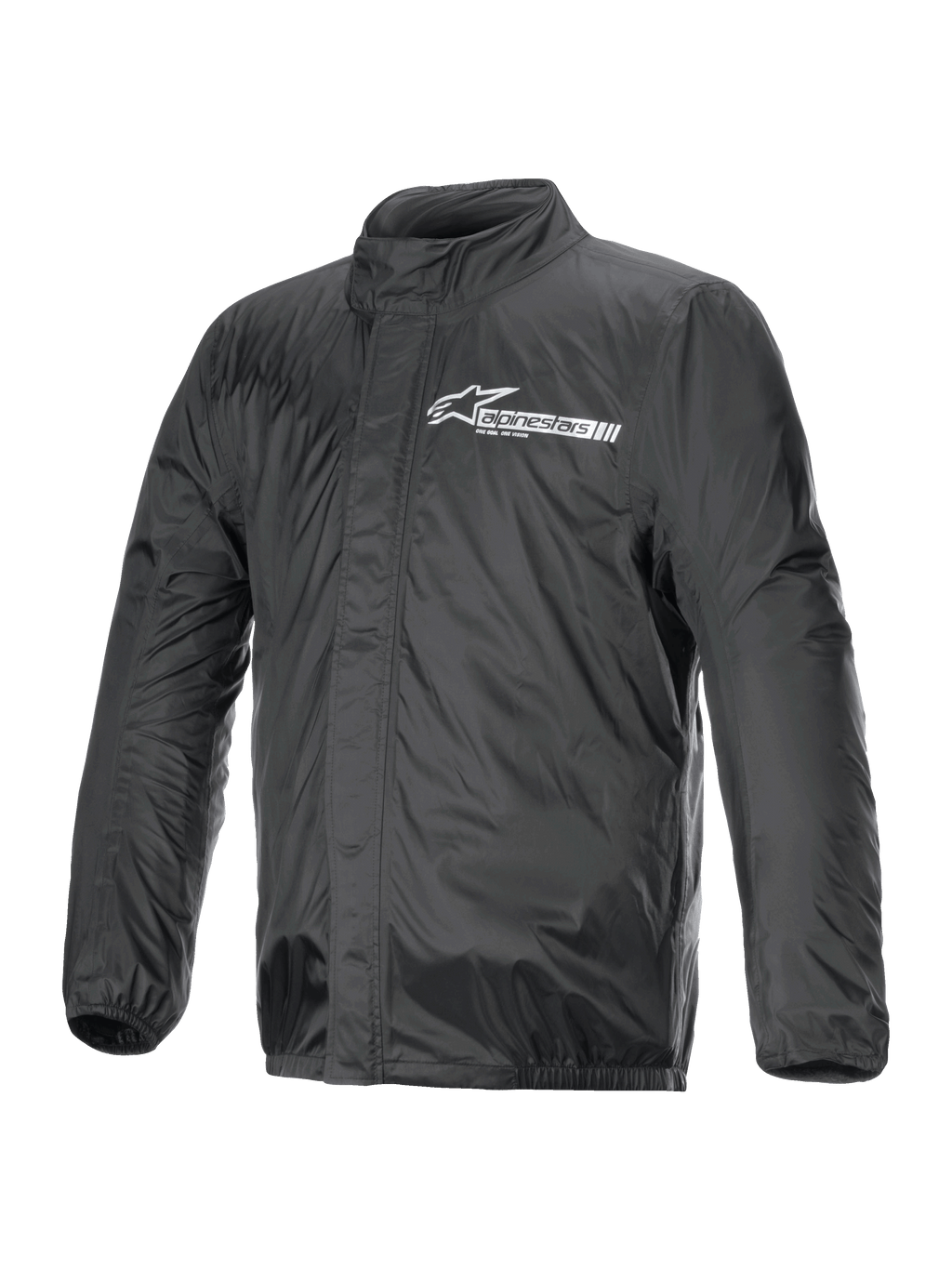 Alpinestars Hurricane Rain V2 Jacket, motorregenjas, zwart, voorzien van wit Alpinestars-logo op de borst, hoge kraag, ritssluiting aan de voorzijde met stormflap, elastische manchetten en zoom, waterdicht gelamineerd textiel