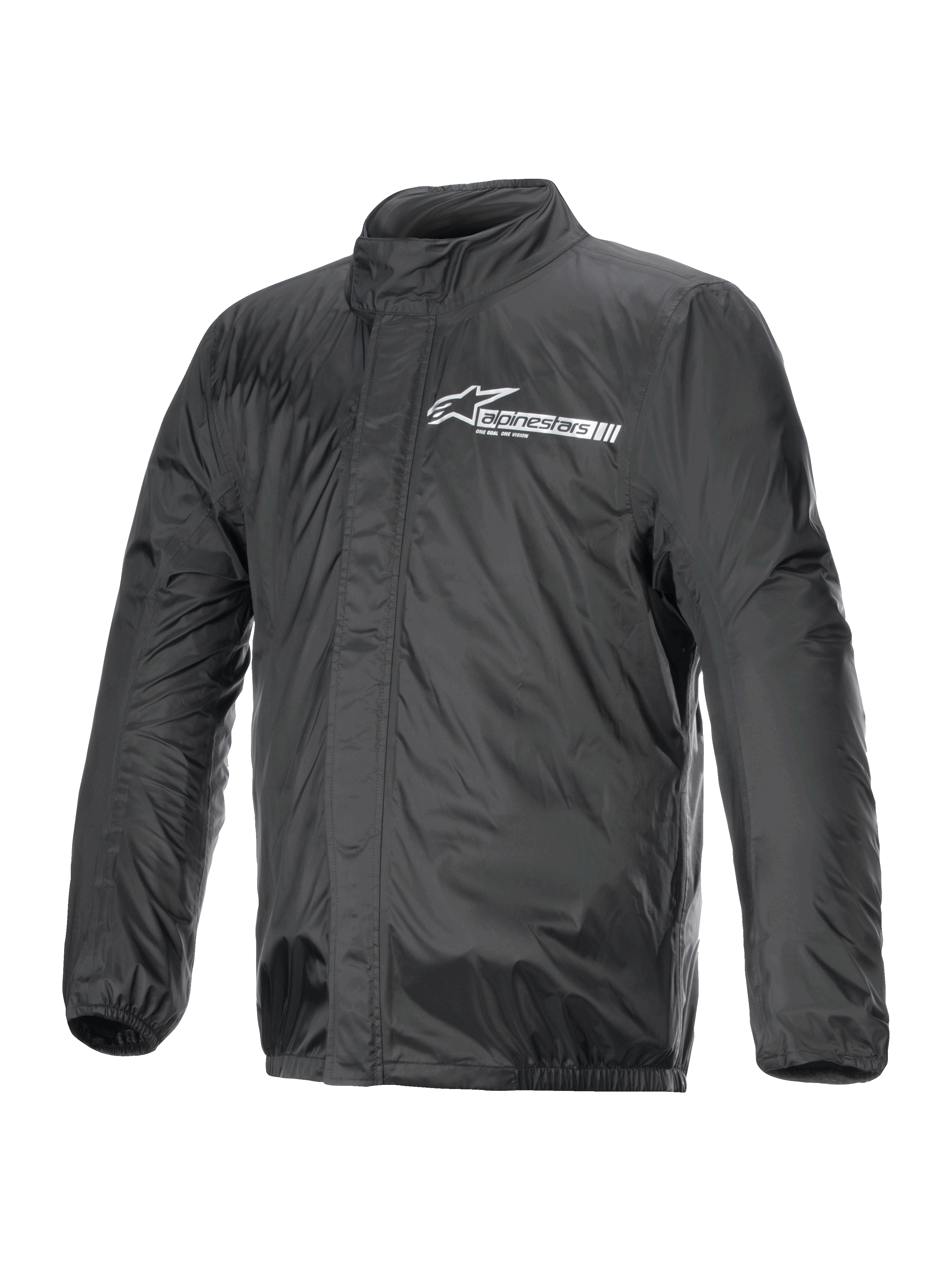 Alpinestars Hurricane Rain V2 Jacket, motorregenjas, zwart, voorzien van wit Alpinestars-logo op de borst, hoge kraag, ritssluiting aan de voorzijde met stormflap, elastische manchetten en zoom, waterdicht gelamineerd textiel