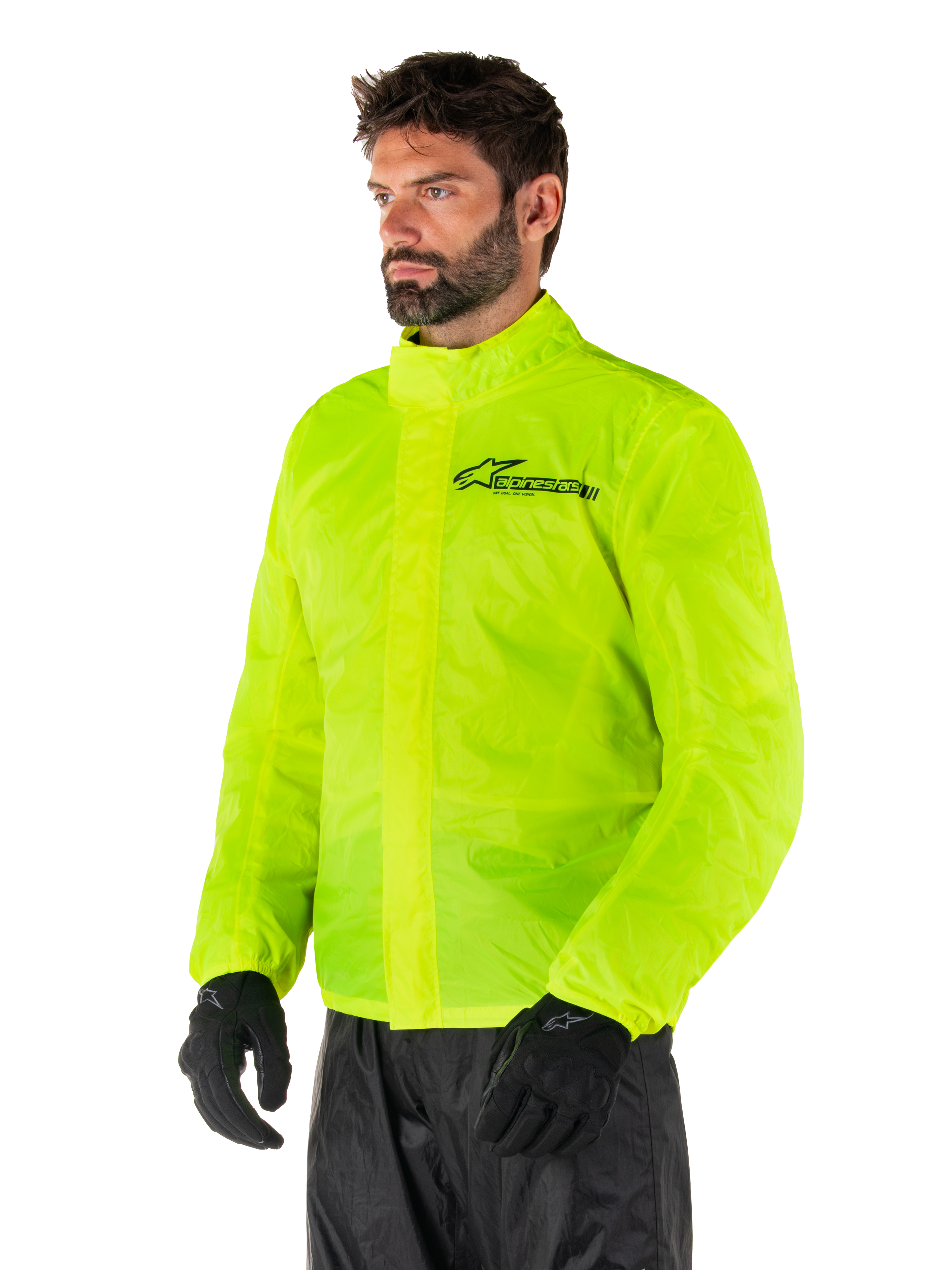 Alpinestars Hurricane Rain V2 Jas, Yellow Fluo, opvallende fluorescerend gele waterdichte motorregenjas, dubbele klepsluiting aan de voorzijde, Alpinestars-logo op de borst, lichtgewicht en opvouwbaar ontwerp voor rijden in natte weersomstandigheden