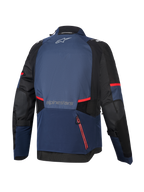 Alpinestars Andes V4 Drystar® Jas, achteraanzicht, Night Navy Mood Indigo en zwart, met rode ritsaccenten en strepen, groot waterdicht achtercompartiment, Alpinestars-logo op de boven- en onderrug, technische textiele adventure touring-jas.