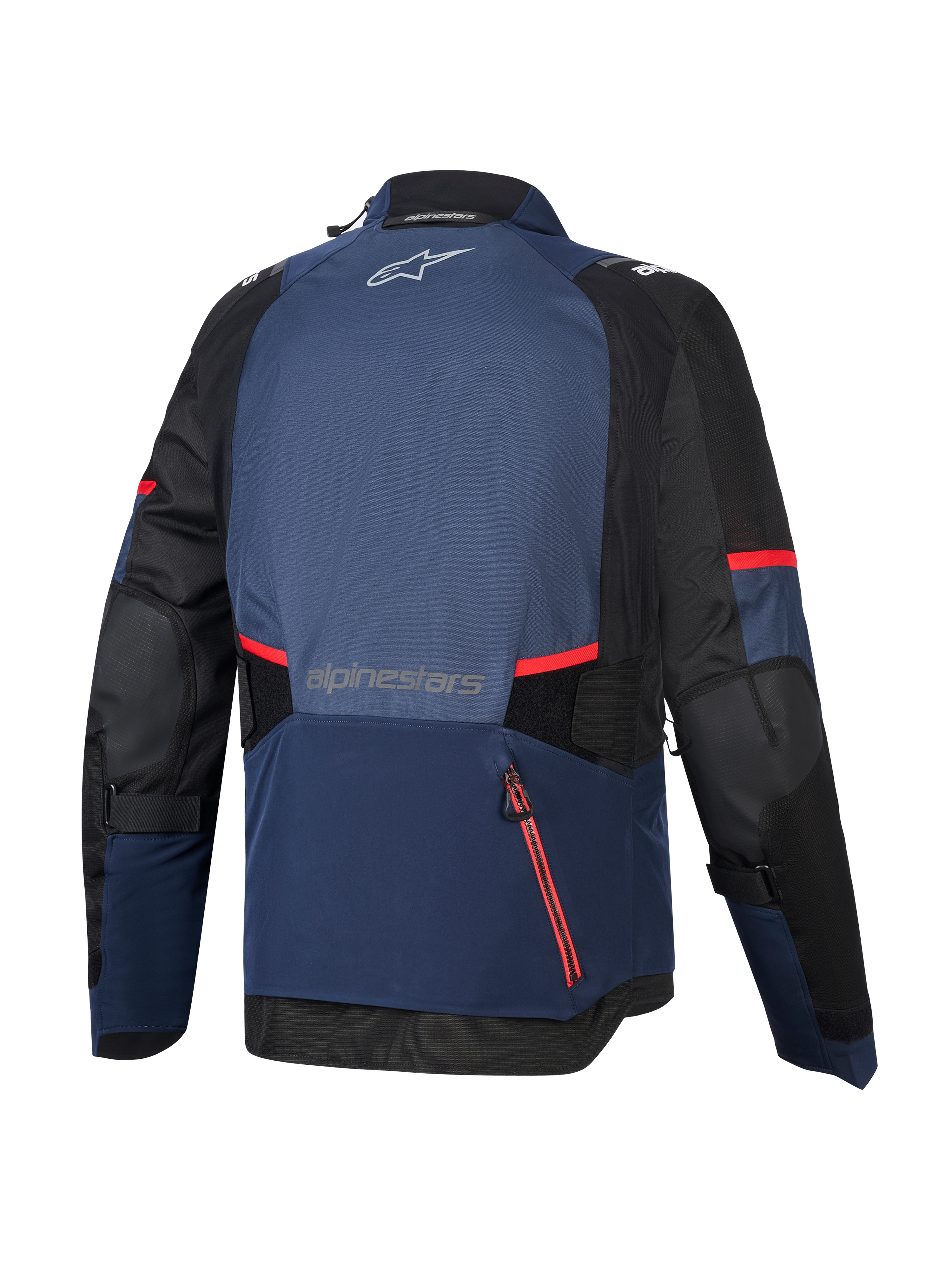 Alpinestars Andes V4 Drystar® Jas, achteraanzicht, Night Navy Mood Indigo en zwart, met rode ritsaccenten en strepen, groot waterdicht achtercompartiment, Alpinestars-logo op de boven- en onderrug, technische textiele adventure touring-jas.