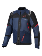 Alpinestars Andes V4 Drystar® Jas, motorjas, Night Navy Mood Indigo en zwart, vooraanzicht met rode accenten en witte Alpinestars-branding op de borst en schouders, duurzame textieluitrusting voor avontuurlijk motorrijden