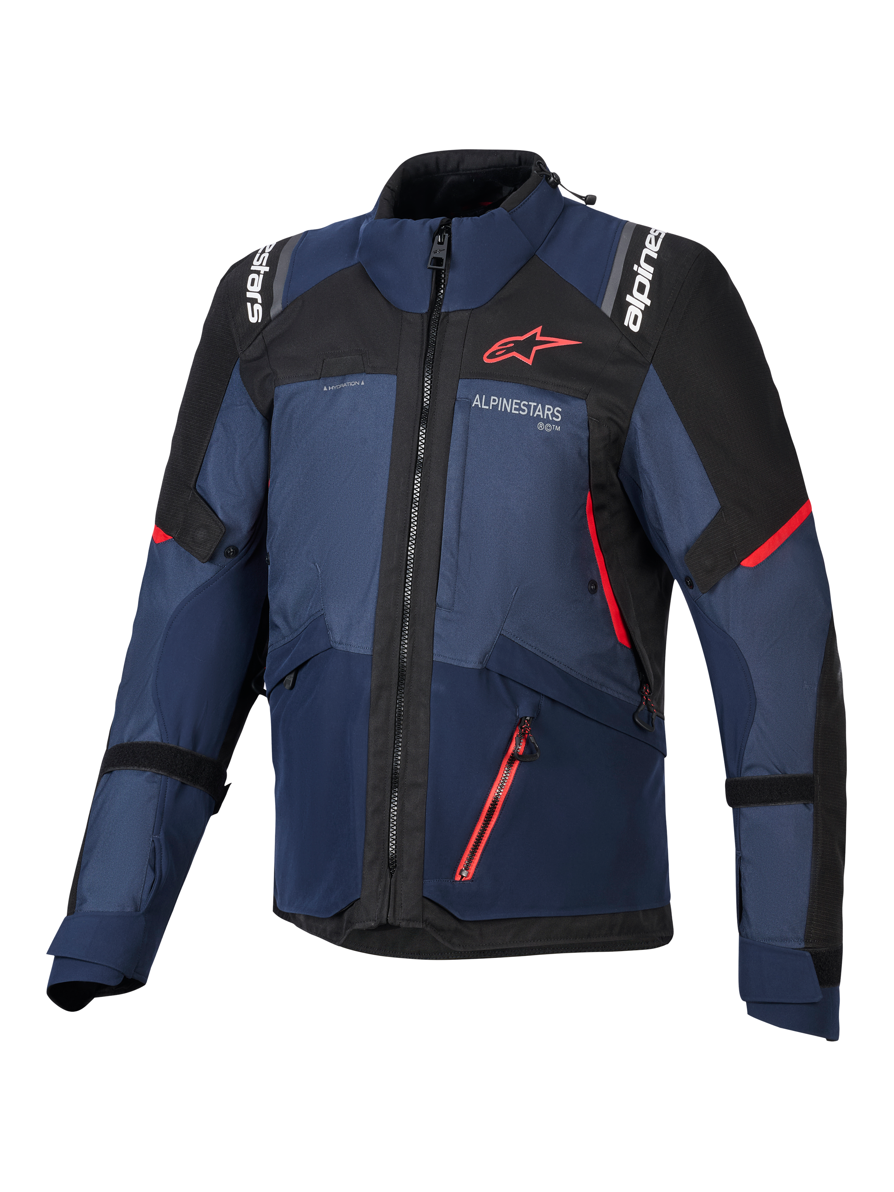 Alpinestars Andes V4 Drystar® Jas, motorjas, Night Navy Mood Indigo en zwart, vooraanzicht met rode accenten en witte Alpinestars-branding op de borst en schouders, duurzame textieluitrusting voor avontuurlijk motorrijden