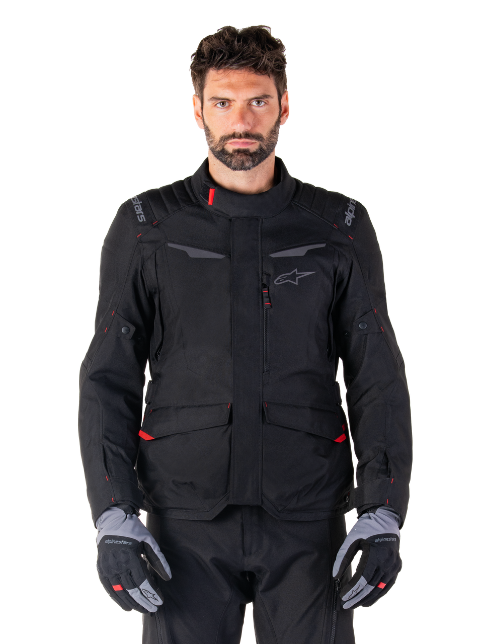 Alpinestars ST-1 Waterproof Jacket, waterdichte motorjas, zwart met rode accenten, hoge kraag, meerdere zakken, duurzame getextureerde constructie, unisex motoruitrusting voor alle weersomstandigheden