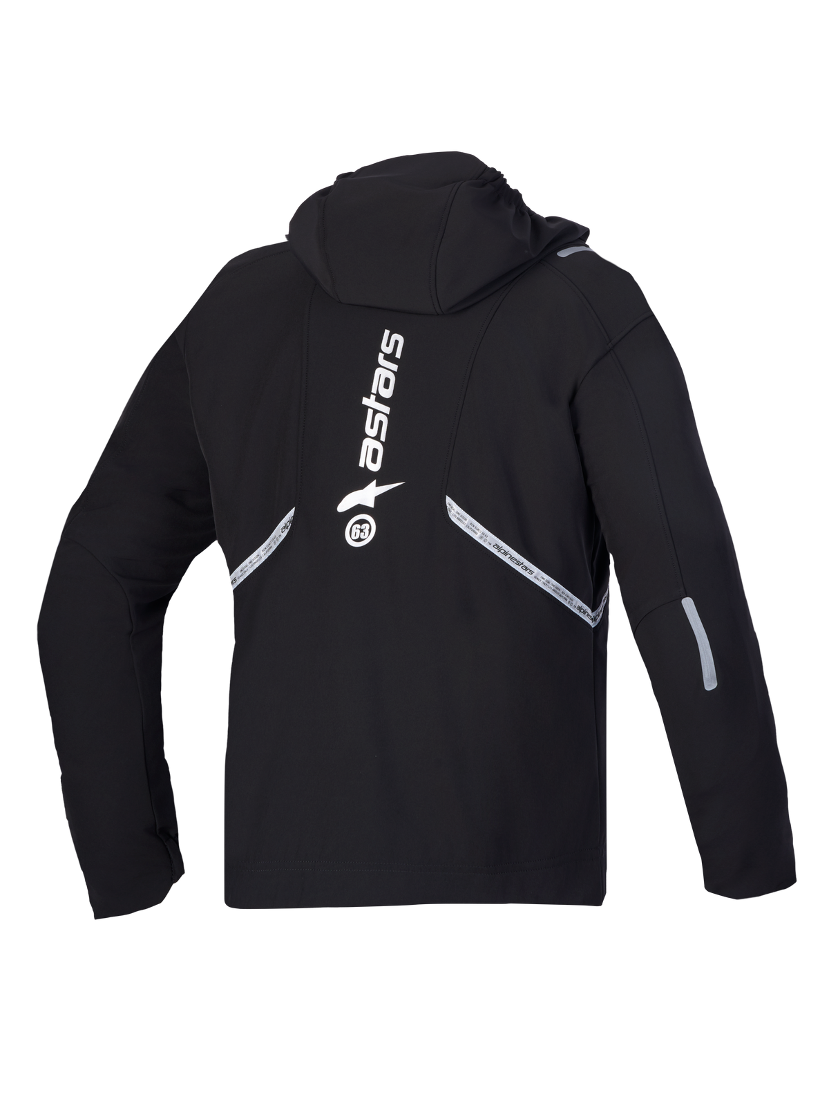 Alpinestars C 5 Drystar jas, waterdichte motorjas van softshell, achteraanzicht in zwart met geïntegreerde capuchon, reflecterende details en groot verticaal wit logografische
