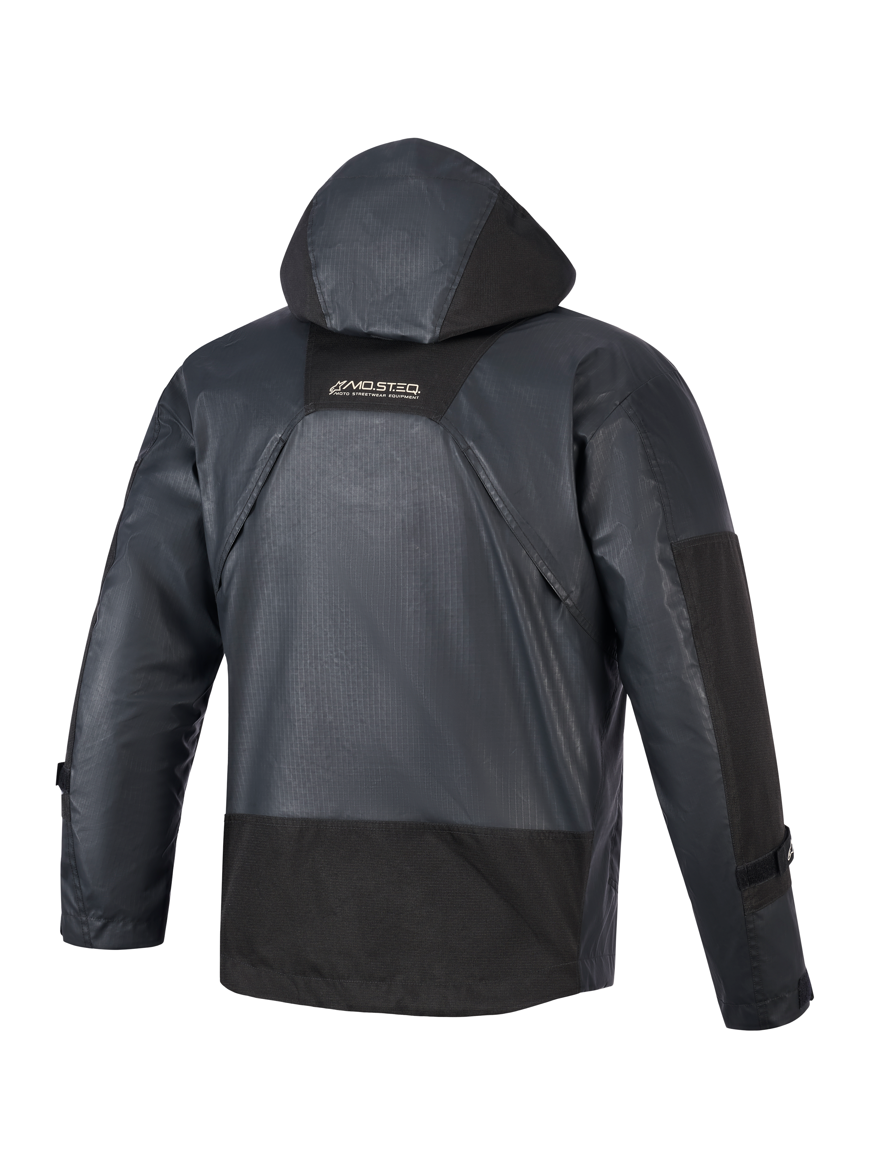 Alpinestars Mospher Waterproof Jas, motorparka, zwart, achteraanzicht met geïntegreerde capuchon en ripstop-stofconstructie, MO.ST.EQ-branding op de bovenrug, tactisch urban ontwerp voor rijden in alle weersomstandigheden