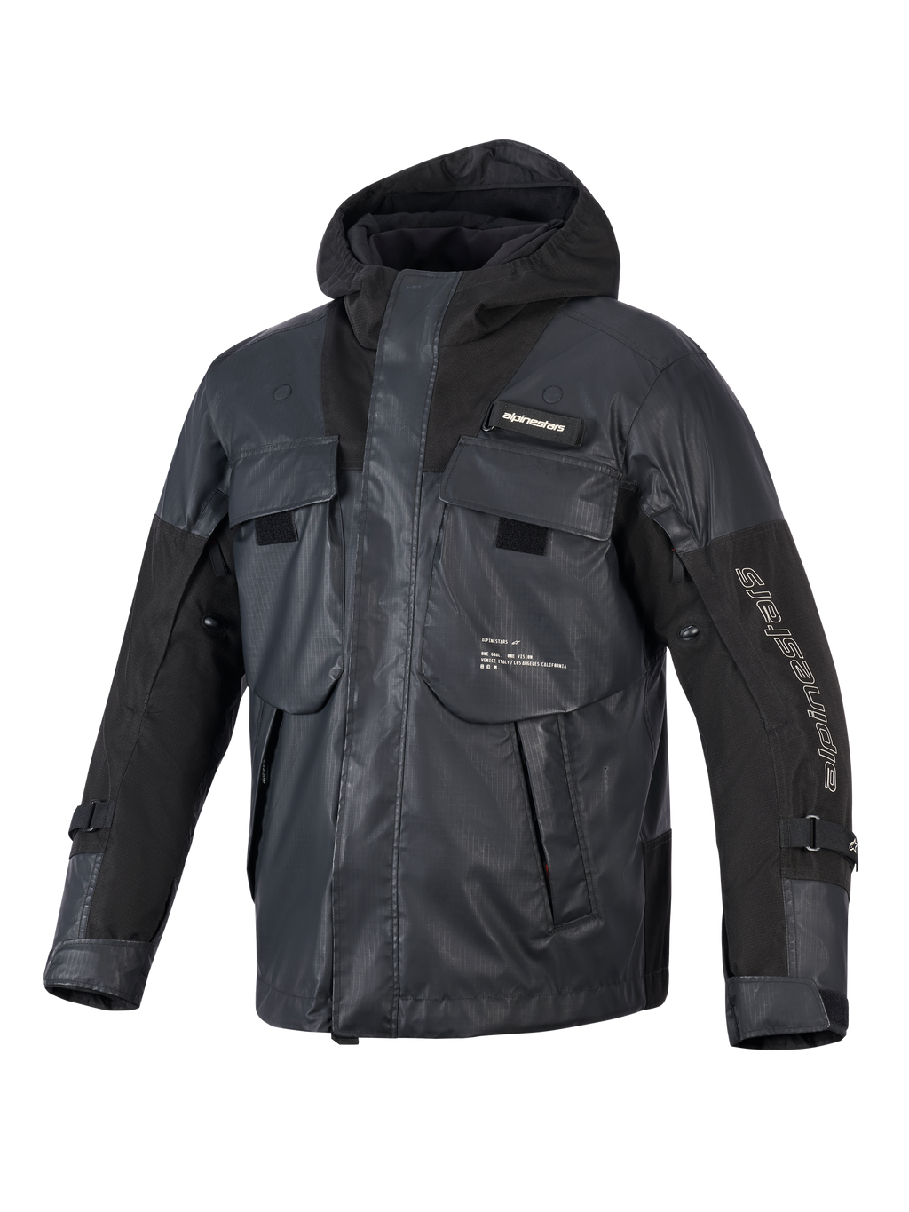 Alpinestars Mospher Waterdichte Jas, zwarte motorparka, tactisch utilitair ontwerp met meerdere grote zakken, ripstop-textielconstructie, geïntegreerde capuchon, witte Alpinestars-branding op de mouw en borst
