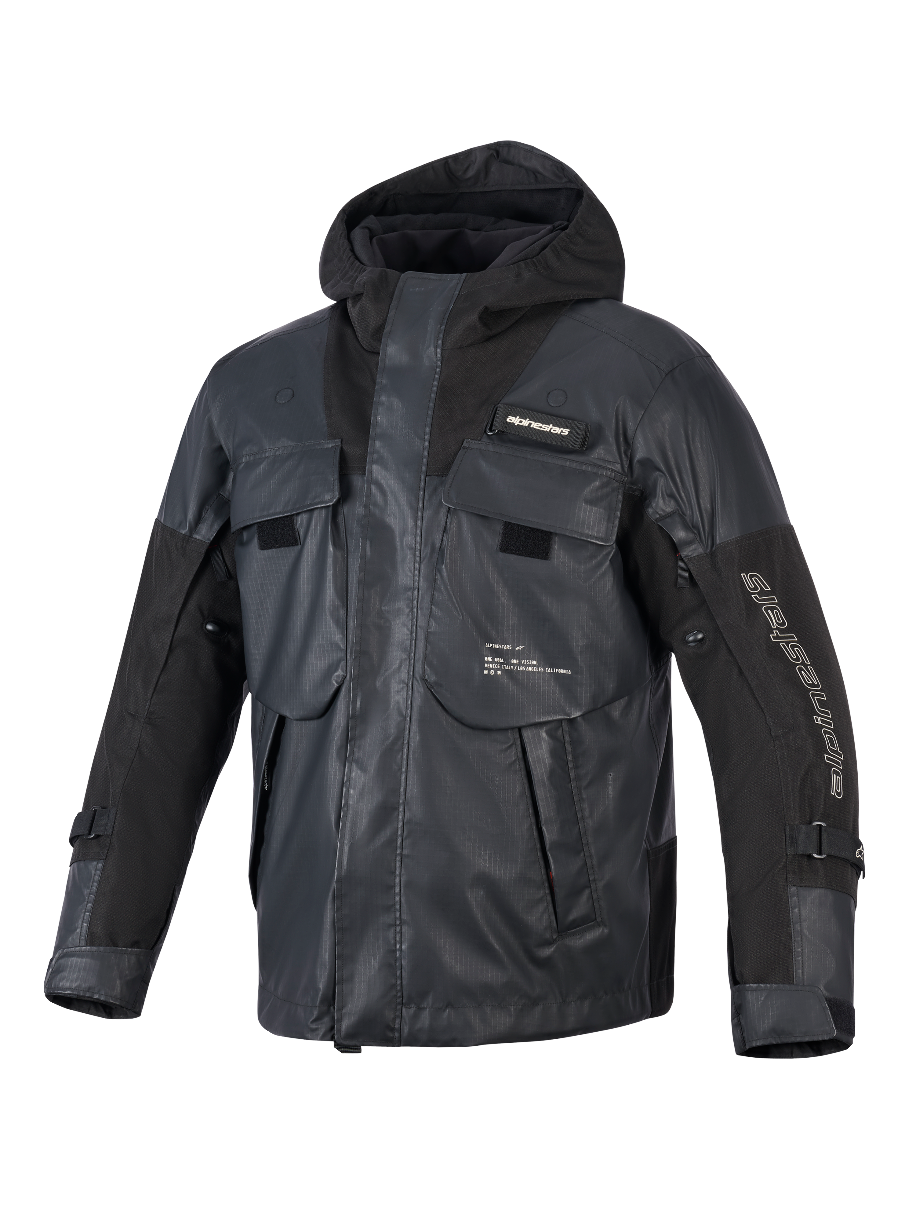 Alpinestars Mospher Waterdichte Jas, zwarte motorparka, tactisch utilitair ontwerp met meerdere grote zakken, ripstop-textielconstructie, geïntegreerde capuchon, witte Alpinestars-branding op de mouw en borst