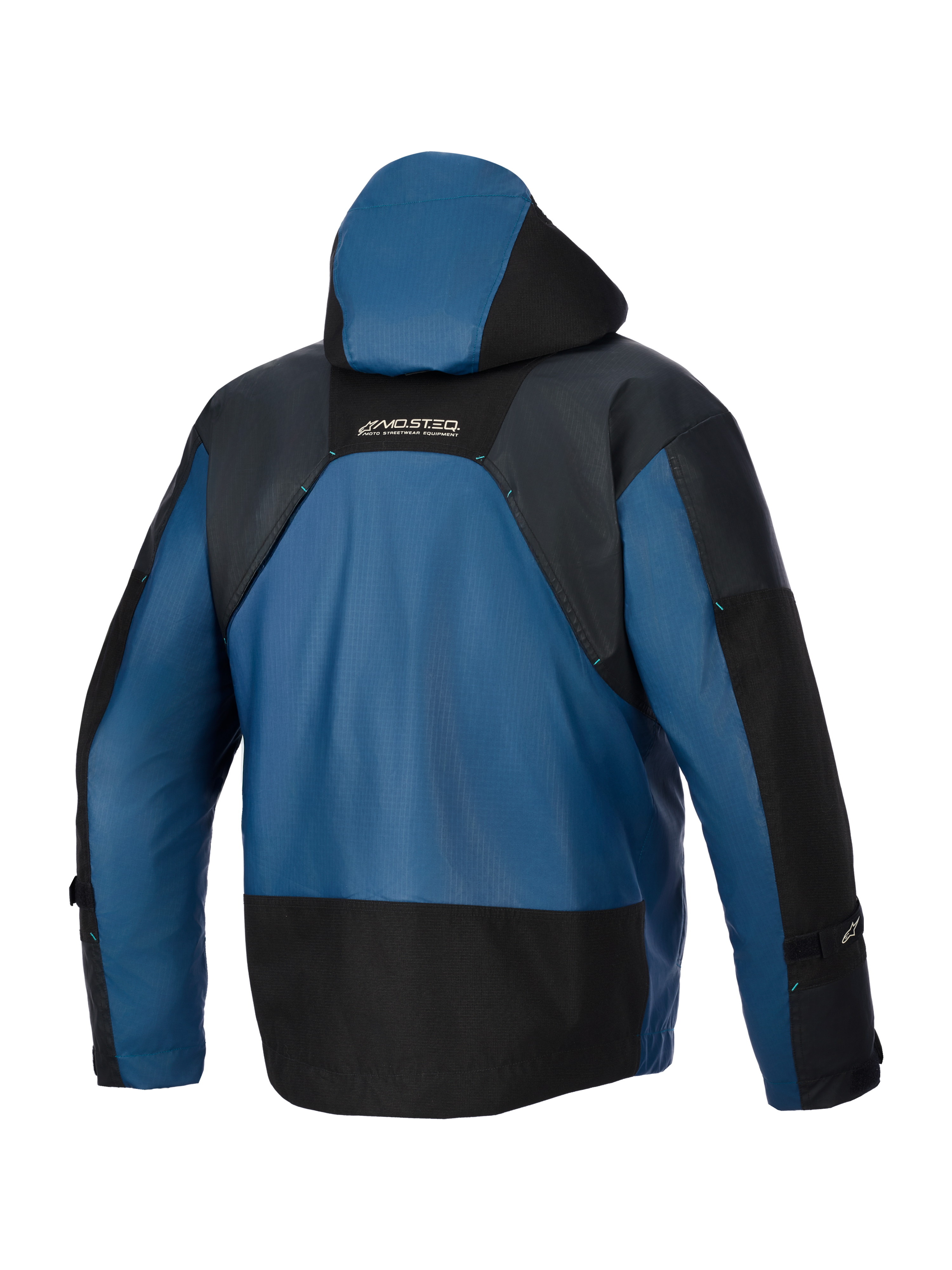 Alpinestars Mospher Waterproof Jas, achteraanzicht, zwart en donker petrol, voorzien van een beschermende capuchon, duurzame ripstop textielconstructie met zwarte versterkte delen en MO.ST.EQ.-logo op de bovenrug, waterdichte urban motorkleding