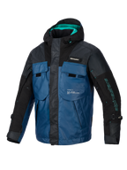 Alpinestars Mospher Waterproof Jacket, all-season motorparka, zwart en Dark Petrol met teal accenten, op tactische vesten geïnspireerd ontwerp met meerdere grote zakken, duurzame ripstop-stof en geïntegreerde capuchon voor stedelijk woon-werkverkeer