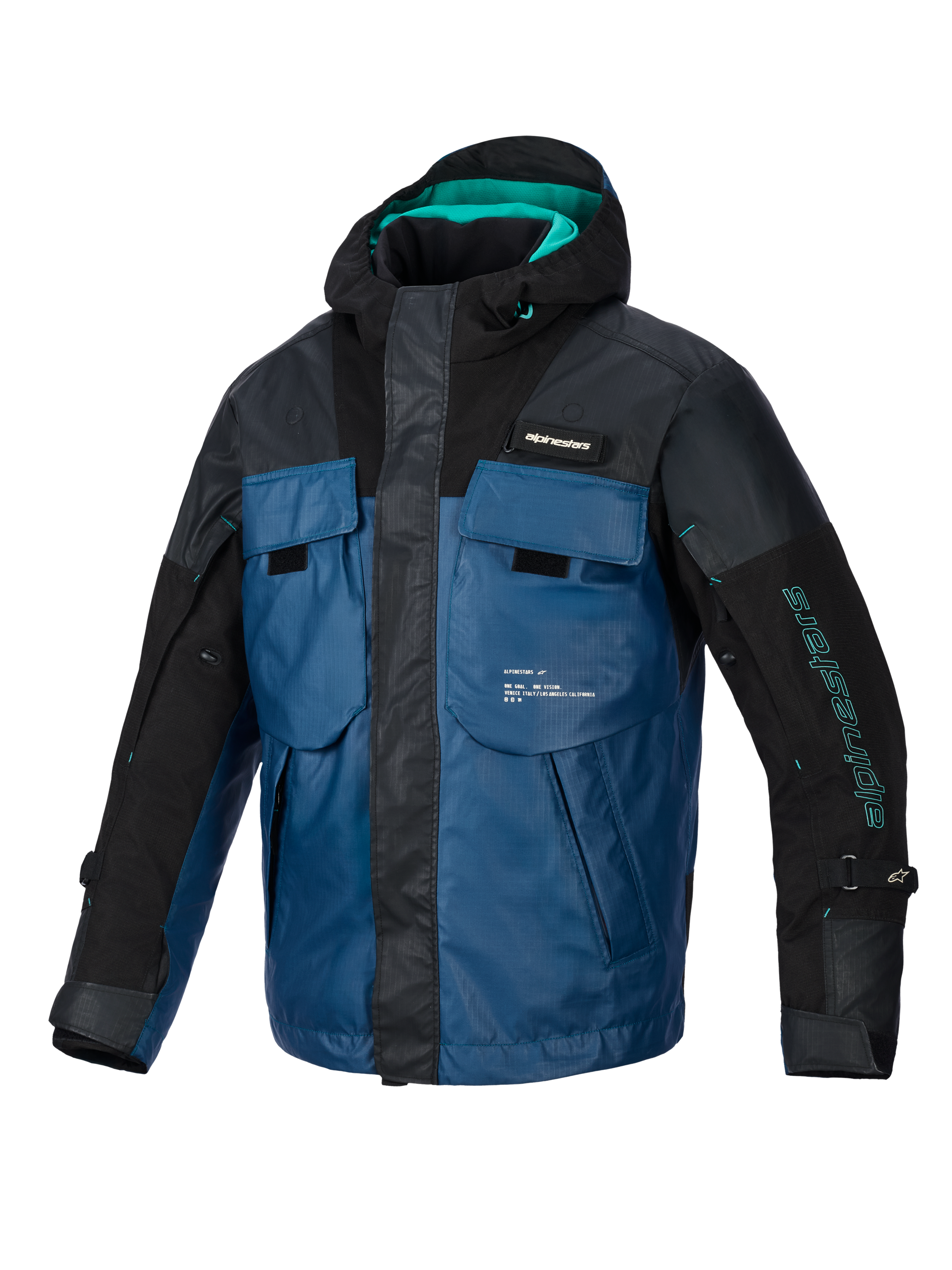 Alpinestars Mospher Waterproof Jacket, all-season motorparka, zwart en Dark Petrol met teal accenten, op tactische vesten geïnspireerd ontwerp met meerdere grote zakken, duurzame ripstop-stof en geïntegreerde capuchon voor stedelijk woon-werkverkeer