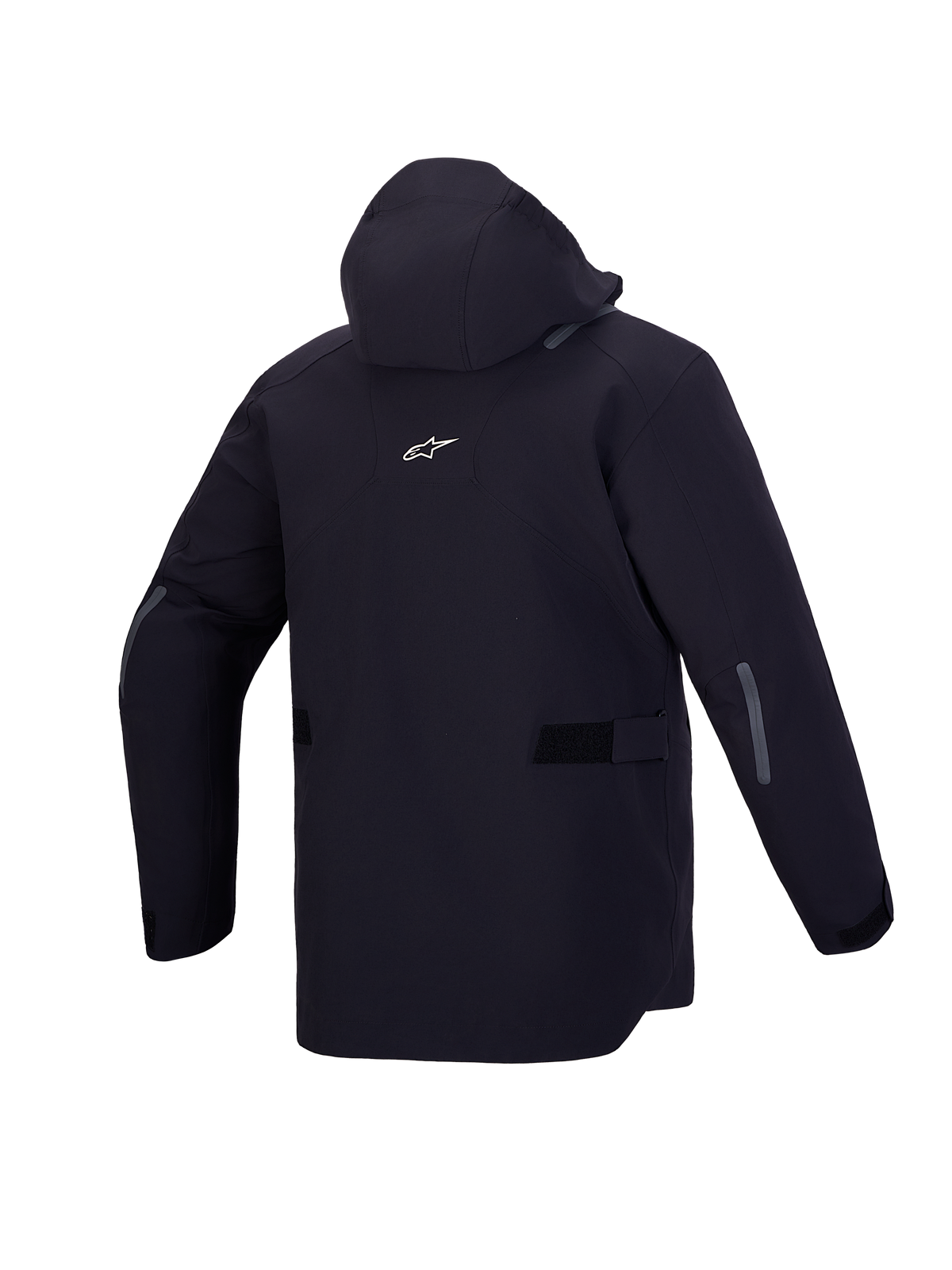 Alpinestars C 7 Drystar XF Jas, stedelijke waterdichte motorjas, achteraanzicht in het zwart met geïntegreerde capuchon en reflecterende details