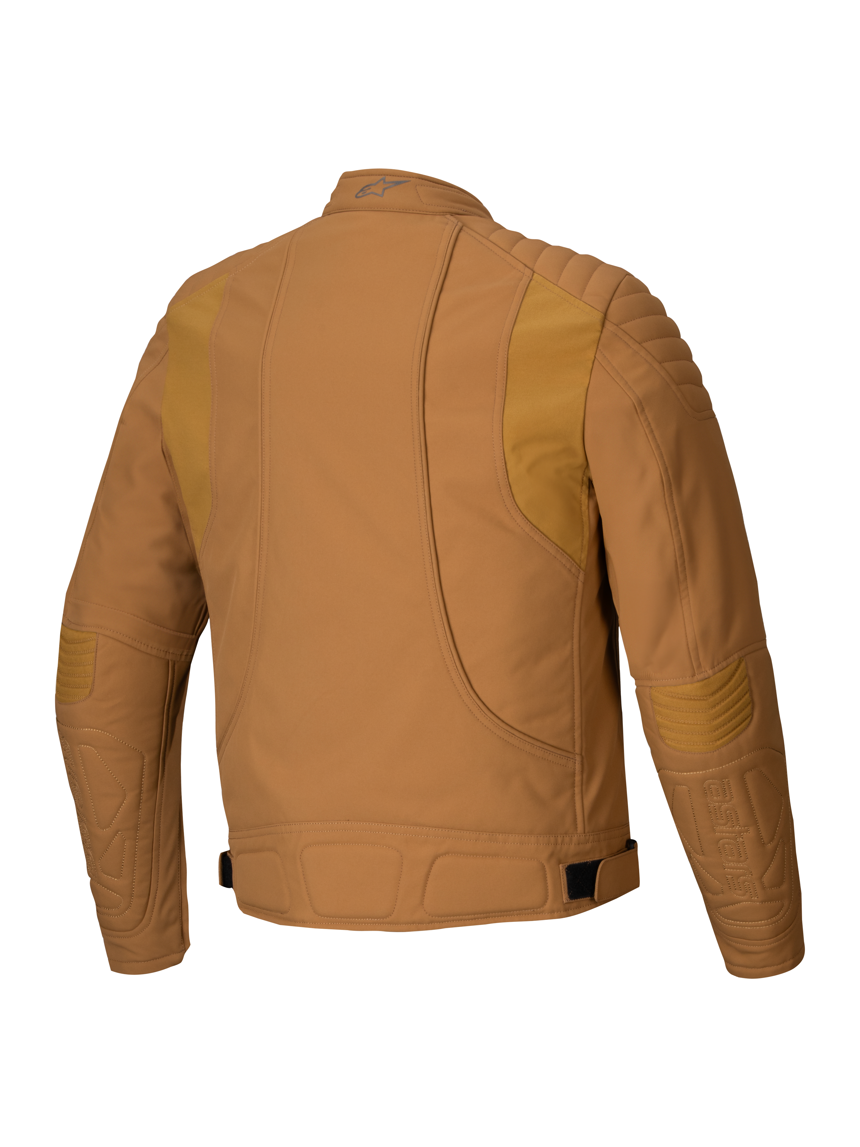 Alpinestars Clayton WR Jas, motorjas, Utility Brown Light Gold, achteraanzicht met gewatteerde vulling op de schouders en ellebogen, ergonomische gebogen lijnen en verstelbare taillebanden, stedelijke motoruitrusting