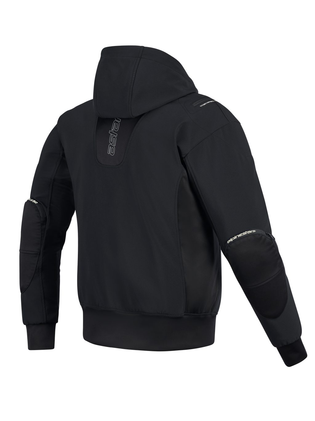 Alpinestars Moblast Waterproof Jacket, achteraanzicht, zwart, urban motorhoodie met verticale branding op de rug, technische softshell- en ripstop-constructie voorzien van een vaste capuchon en ritsen voor externe elleboogbeschermers