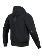 Alpinestars Moblast Waterproof Jacket, achteraanzicht, zwart, urban motorhoodie met verticale branding op de rug, technische softshell- en ripstop-constructie voorzien van een vaste capuchon en ritsen voor externe elleboogbeschermers