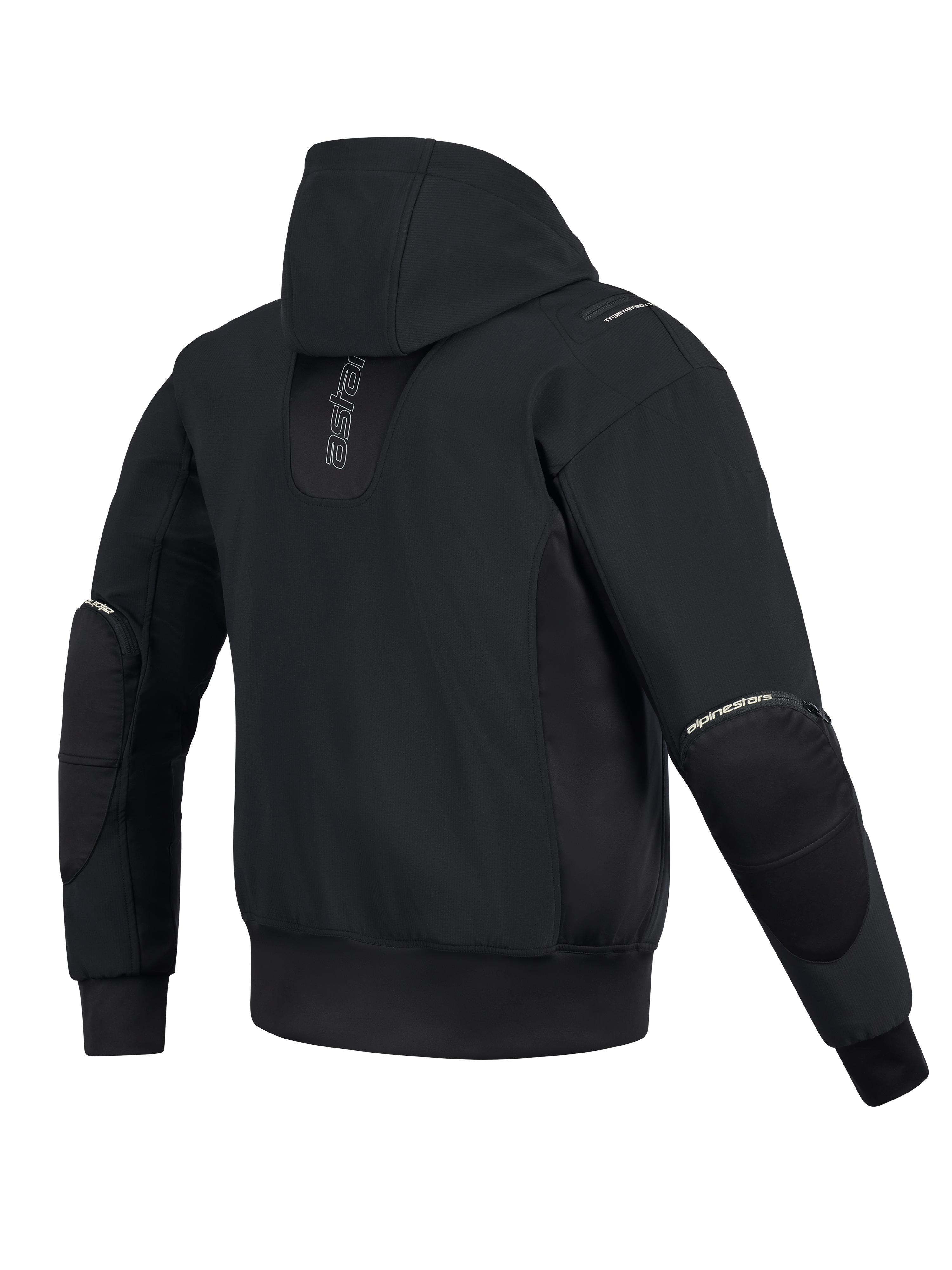 Alpinestars Moblast Waterproof Jacket, achteraanzicht, zwart, urban motorhoodie met verticale branding op de rug, technische softshell- en ripstop-constructie voorzien van een vaste capuchon en ritsen voor externe elleboogbeschermers