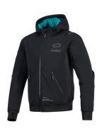 Alpinestars Moblast waterdichte jas, zwart met groenblauwe voering in de capuchon, technische softshell motorjas met 3D-zakken met ritssluiting, geïntegreerde duimgaten en Alpinestars-logo op de borst, stedelijke motorkleding