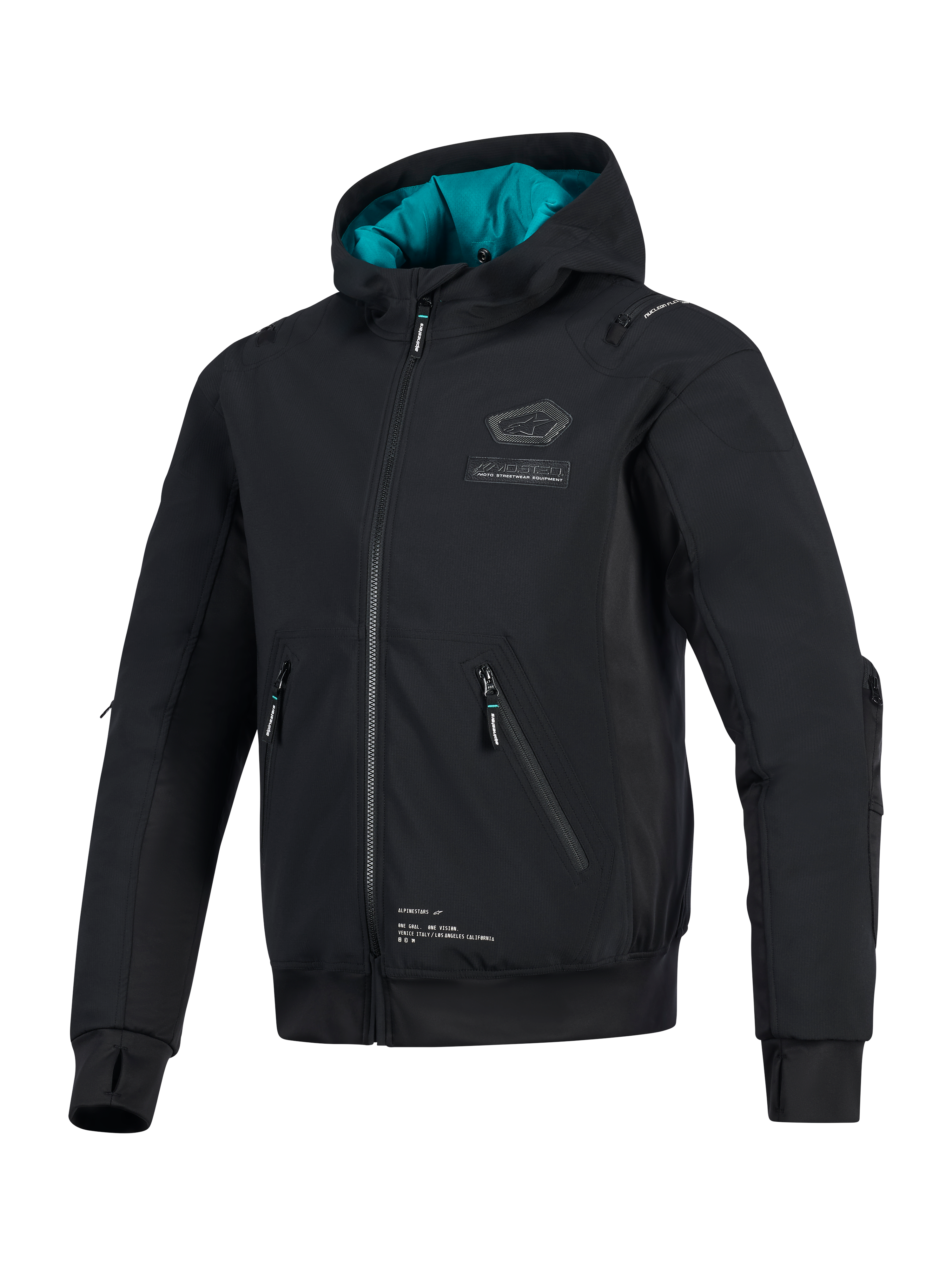Alpinestars Moblast waterdichte jas, zwart met groenblauwe voering in de capuchon, technische softshell motorjas met 3D-zakken met ritssluiting, geïntegreerde duimgaten en Alpinestars-logo op de borst, stedelijke motorkleding