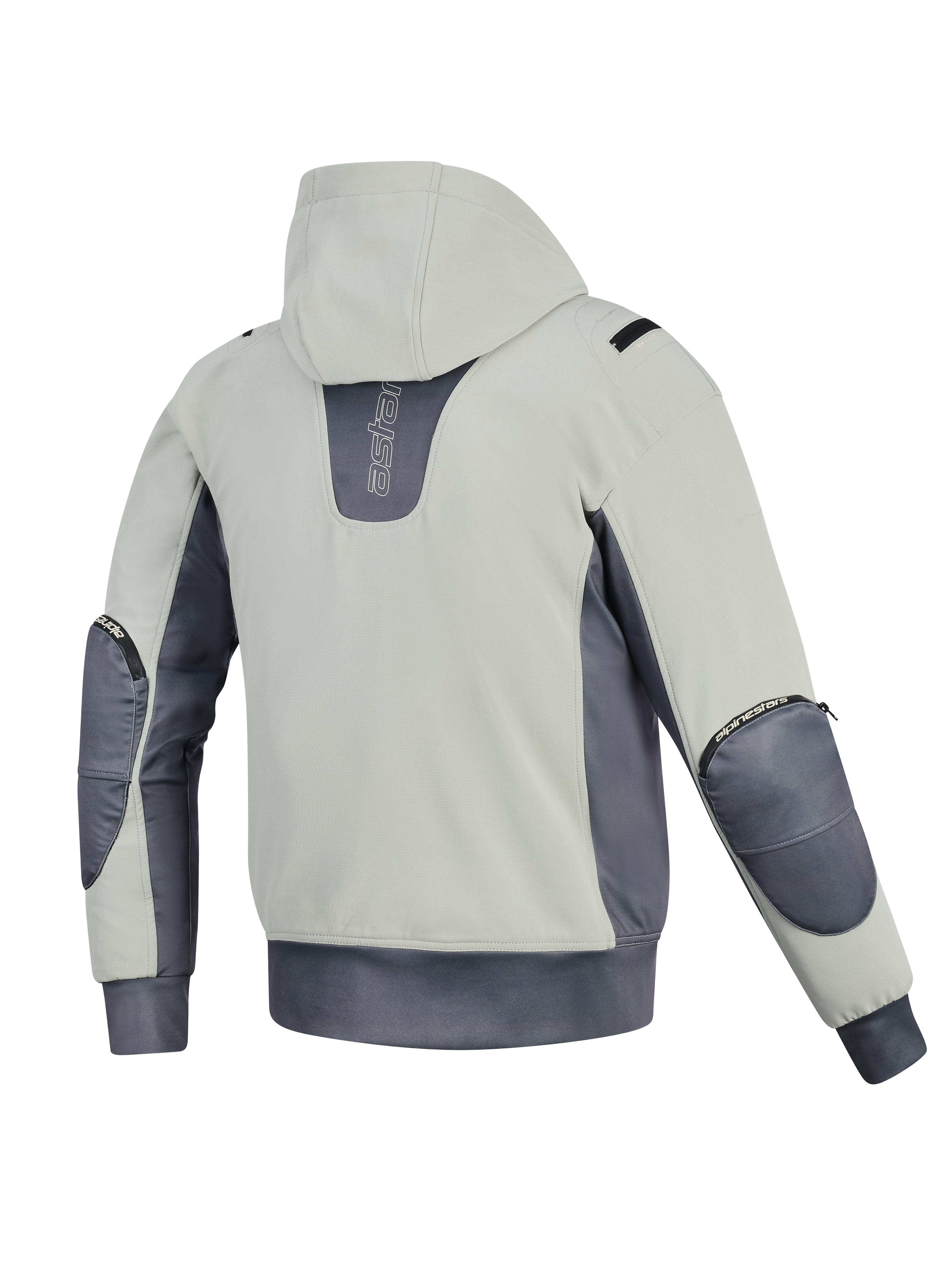 Alpinestars Moblast Waterproof Jacket, back view, Iron Gray and Dark Sage, motorcycle hoodie with light sage body and dark gray accents, vertical branding on the back, visible elbow protector zippers, and elasticated waistband