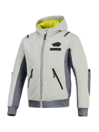 Alpinestars Moblast Waterproof Jacket, Iron Gray and Dark Sage, hooded motorcycle jacket with bright yellow lining, light gray textile body with dark gray side panels, featuring waterproof zippers and chest logo branding