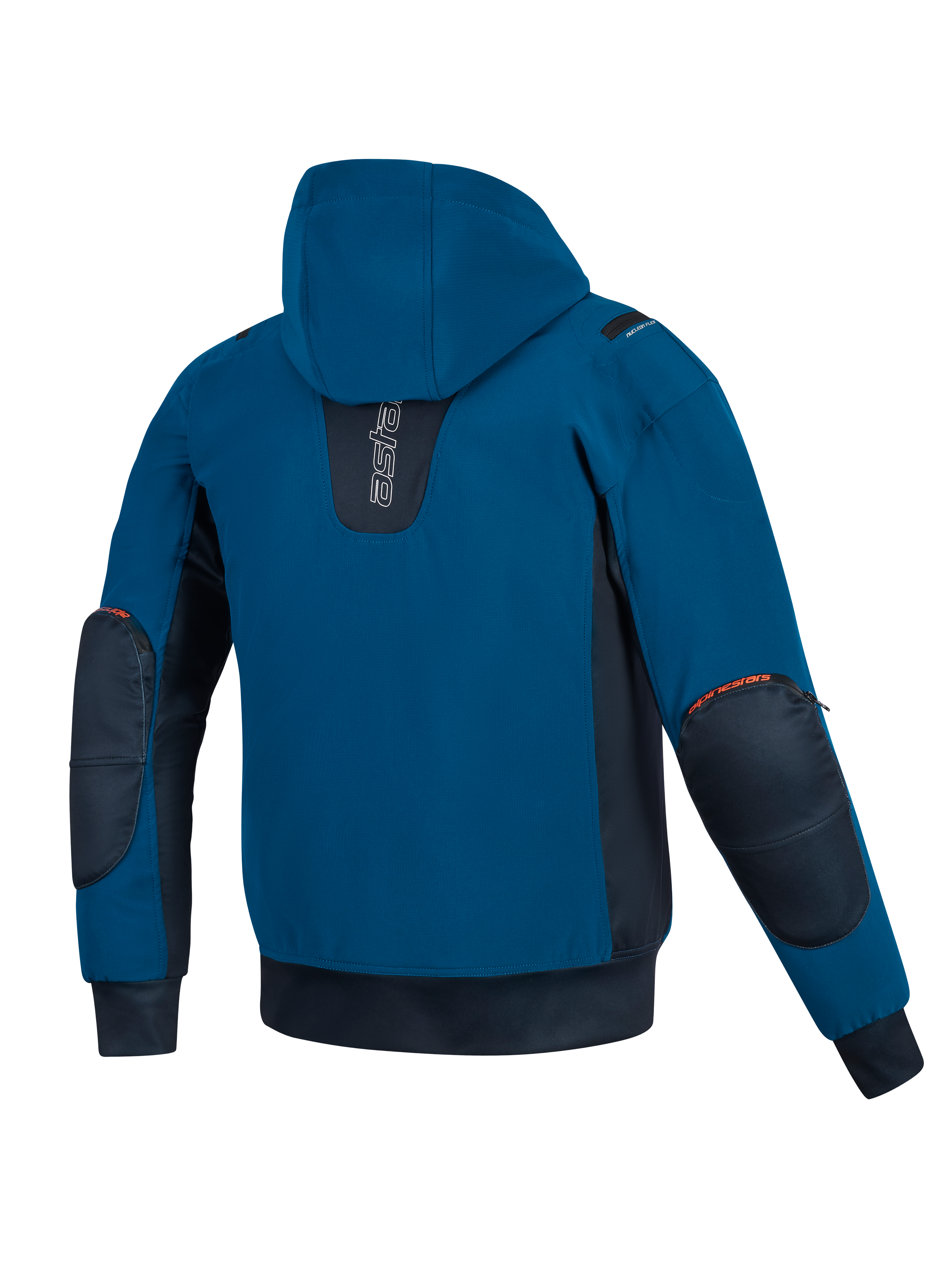 Alpinestars Moblast Waterproof Jacket, Dark Petrol and Dark Navy blue, back view of hooded motorcycle jacket, featuring softshell construction, dark navy side panels, and reinforced elbow protectors with orange logo details.