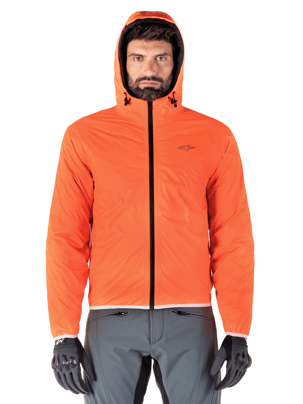 Alpinestars Mohobbs Waterproof Jas, gewatteerd motorbomberjack, zwart en fluo oranje, gewatteerd design met stormbestendige capuchon, op urban streetwear geïnspireerde motorkleding