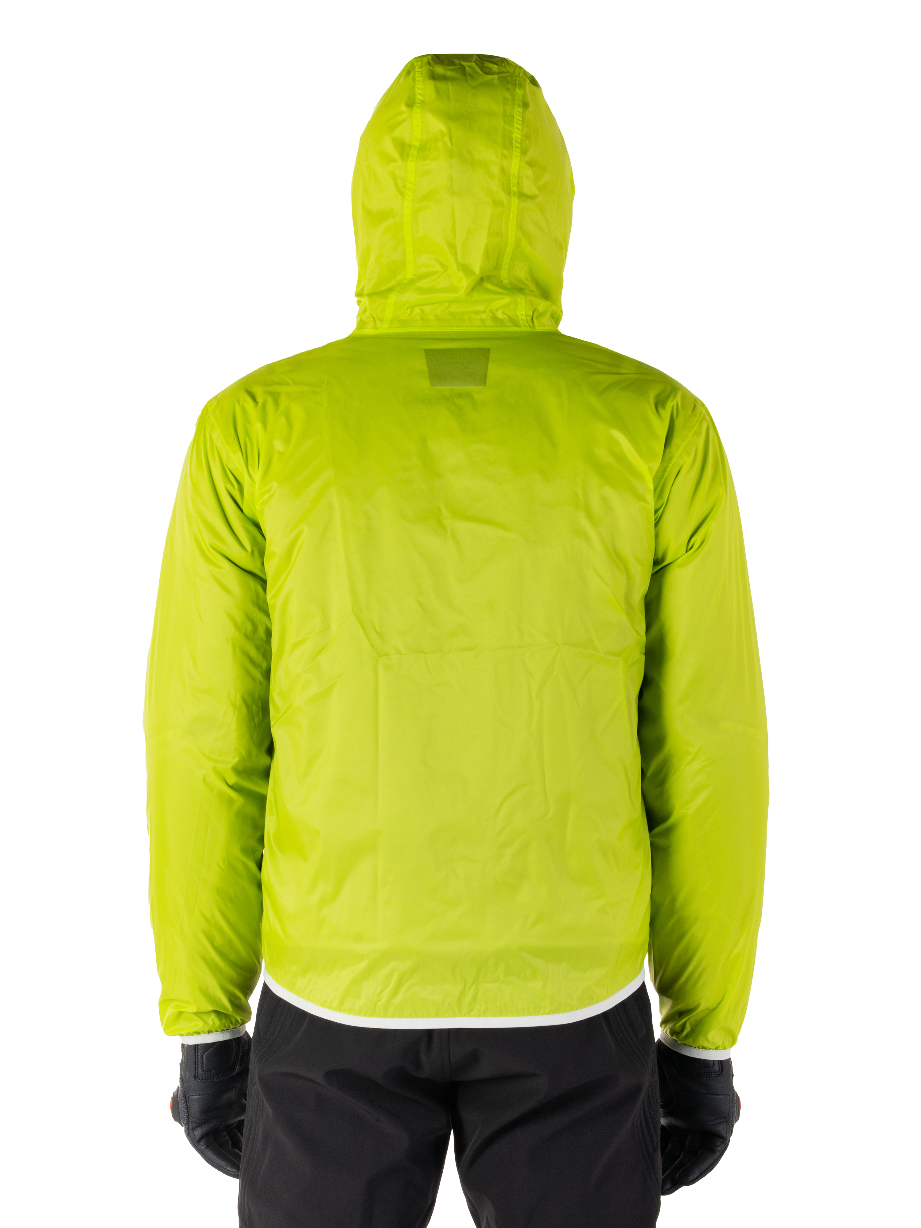 Alpinestars Mohobbs Waterproof Jacket, Lime Punch opvouwbare regenhoes, fel limoengroene jas met capuchon, achteraanzicht, gedragen met zwarte broek en handschoenen, waterdichte moto streetwear